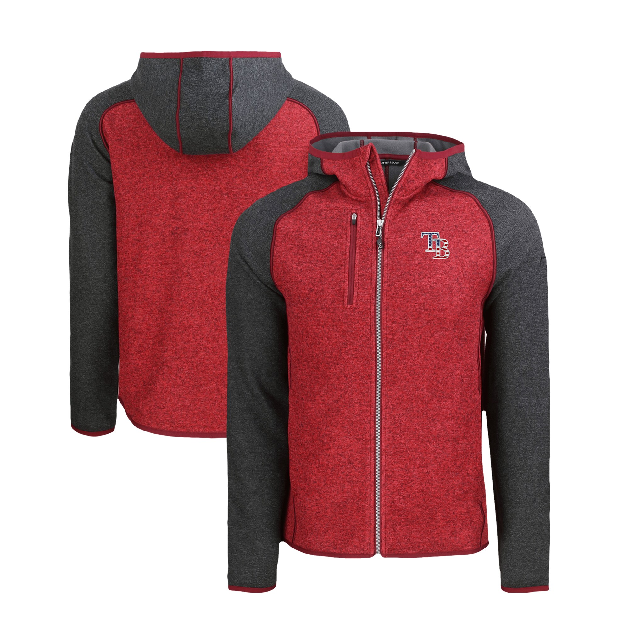 Men's Tampa Bay Rays  Cutter & Buck Heather Red/Heather Charcoal Stars & Stripes Mainsail Sweater-Knit Full-Zip Hoodie