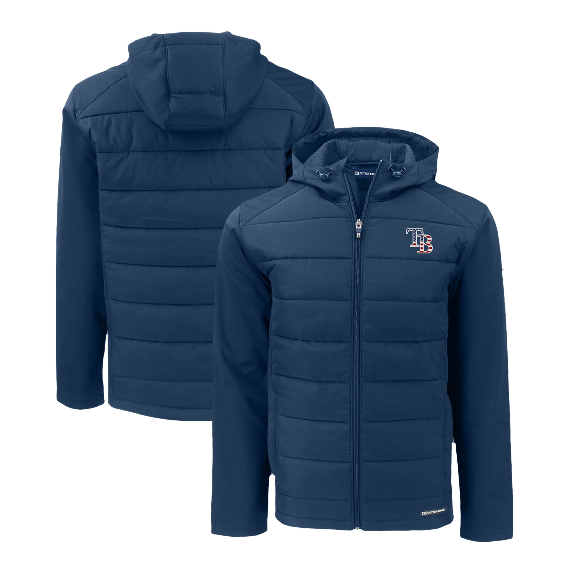 Men's Tampa Bay Rays  Cutter & Buck Navy Stars & Stripes Big & Tall Evoke Hybrid Eco Softshell Recycled Full-Zip Hoodie Jacket
