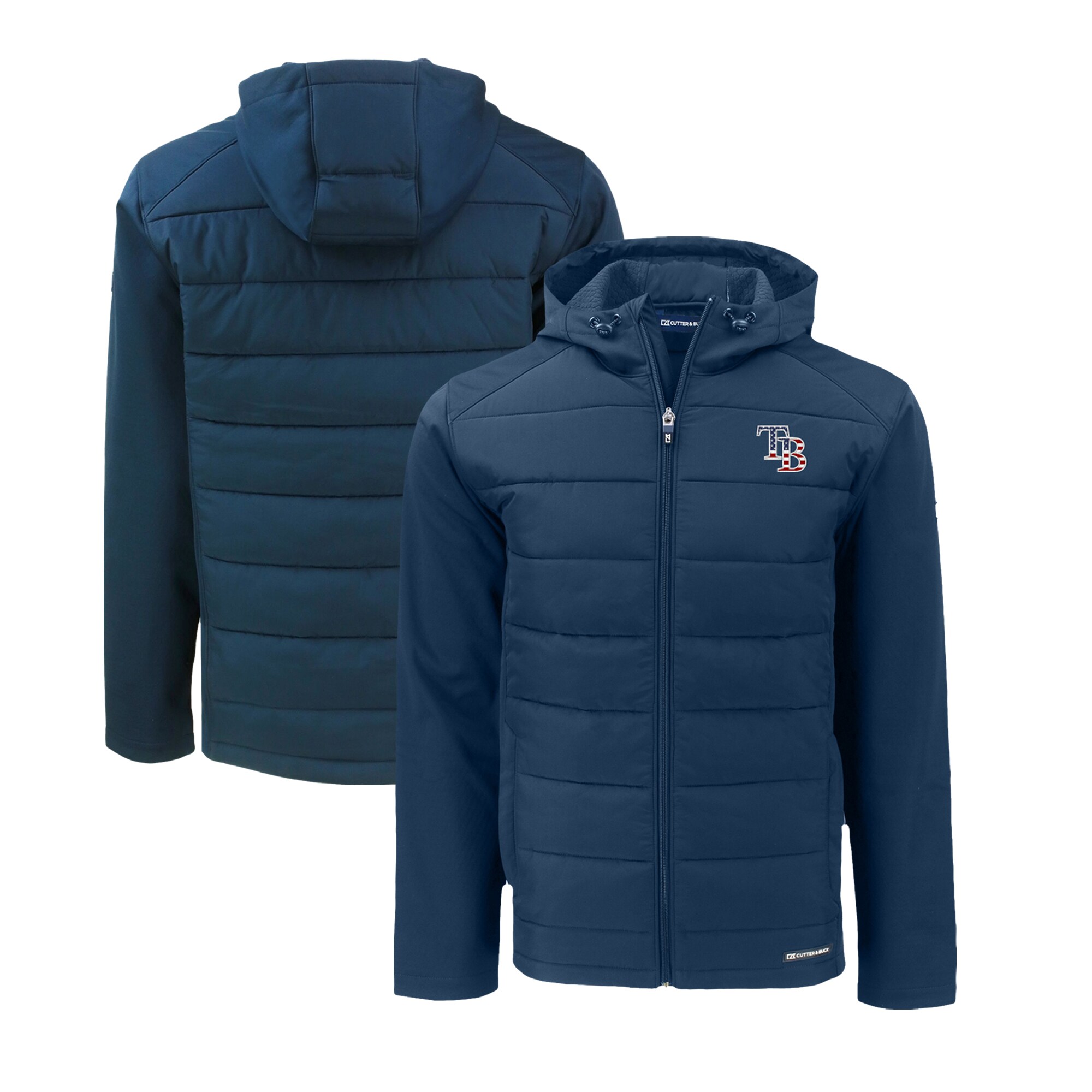 Men's Tampa Bay Rays  Cutter & Buck Navy Stars & Stripes Evoke Hybrid Eco Softshell Recycled Full-Zip Hoodie Jacket