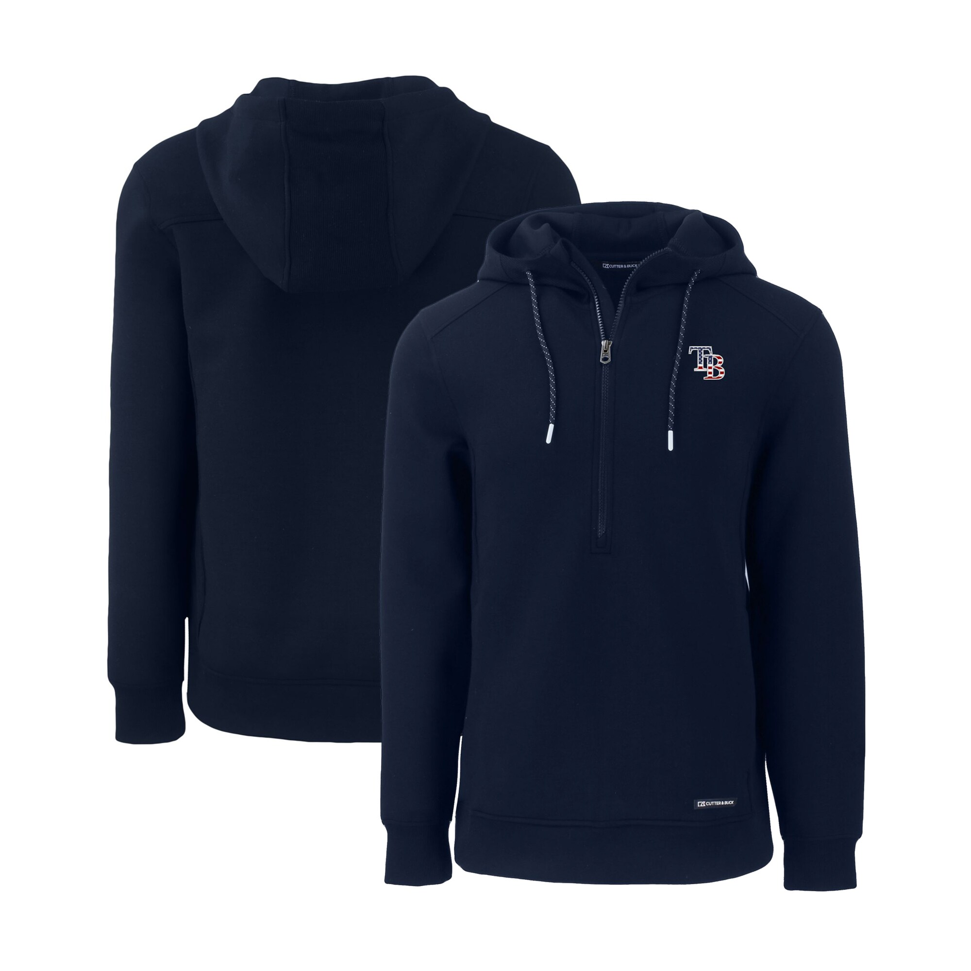 Men's Tampa Bay Rays Cutter & Buck Navy Stars & Stripes Roam Eco Half-Zip Recycled Pullover Hoodie