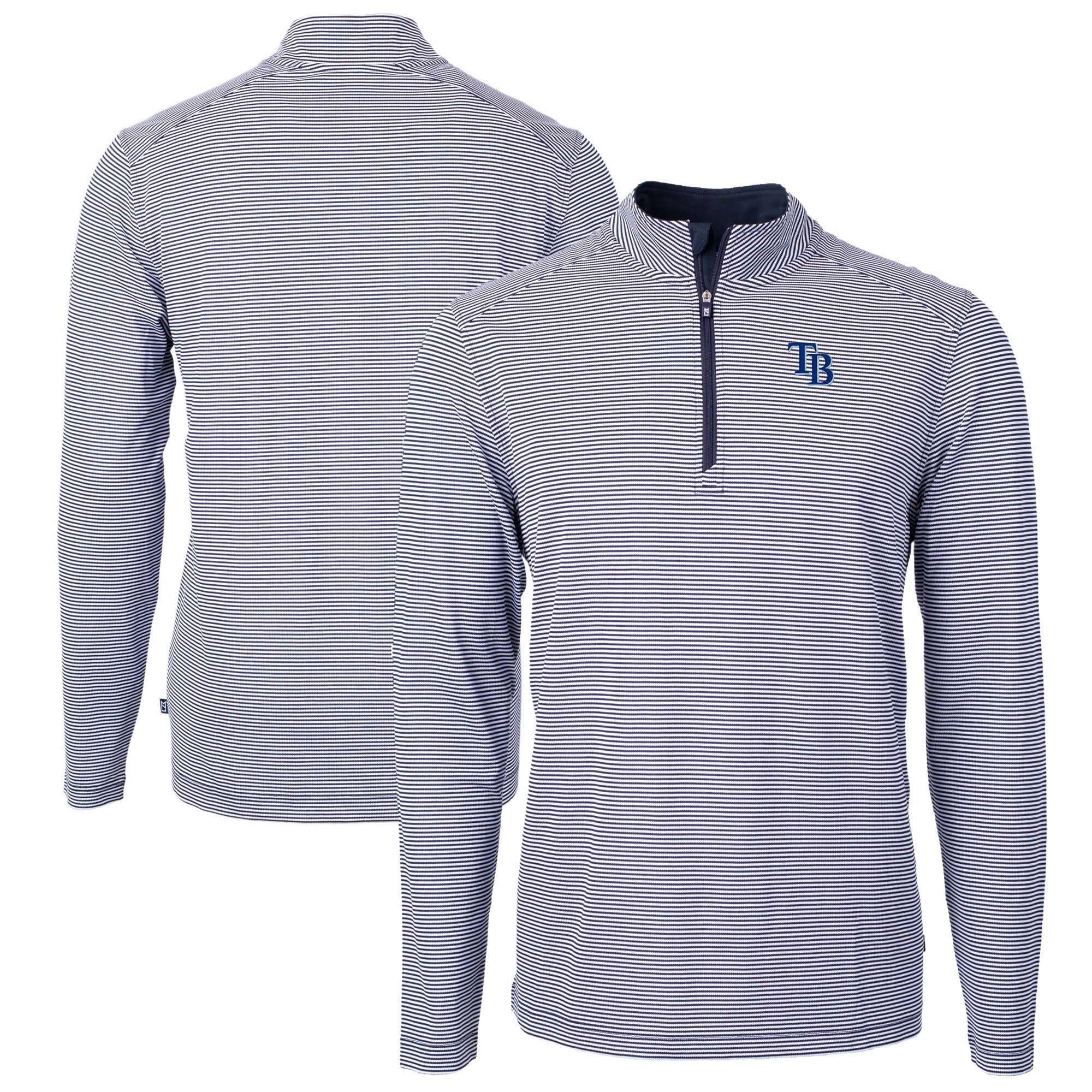 Men's Tampa Bay Rays Cutter & Buck Navy/White Virtue Eco Pique Micro Stripe Big & Tall Recycled Quarter-Zip Pullover Top