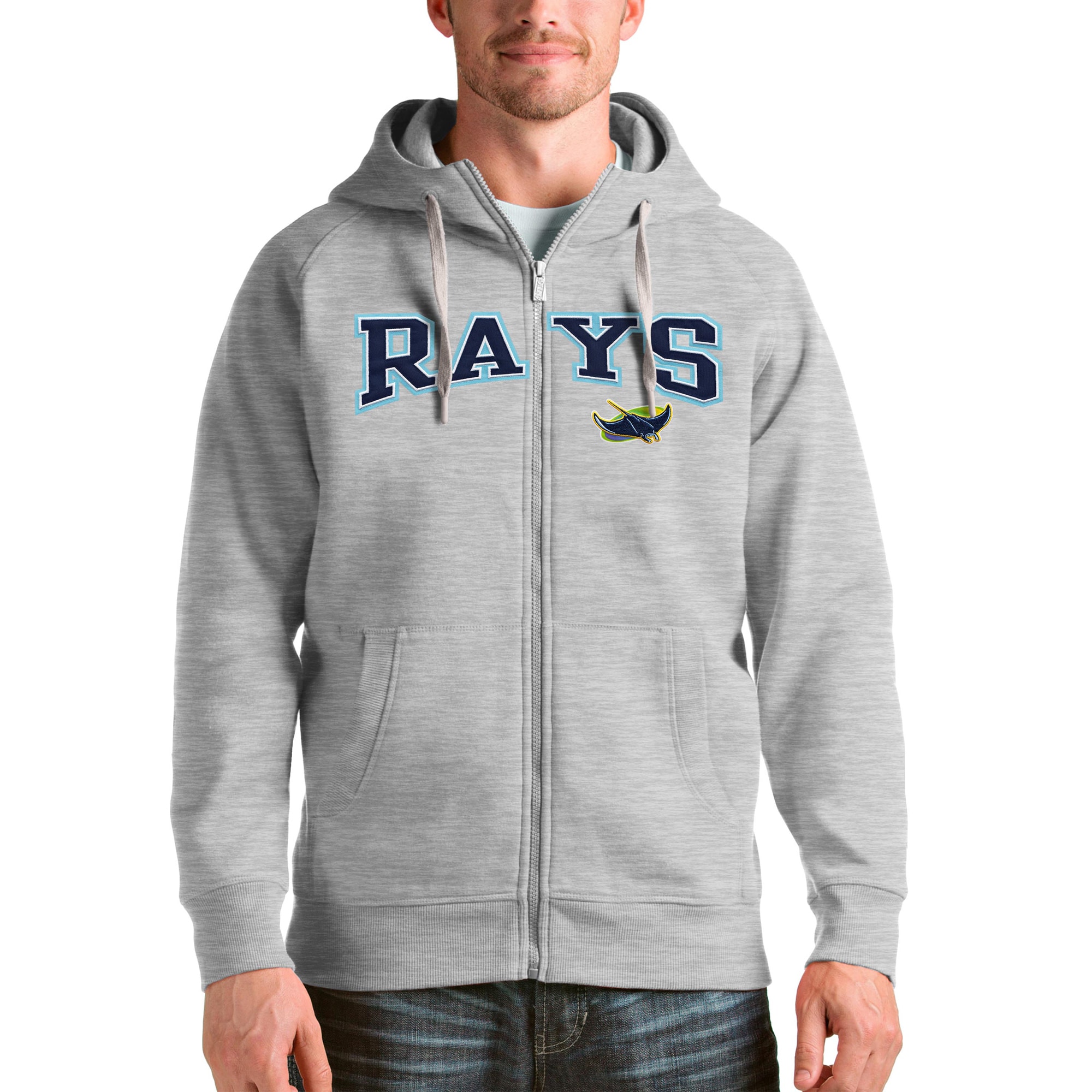 Tampa Bay Rays Antigua Heather Gray Team Logo Victory Full-Zip Hoodie