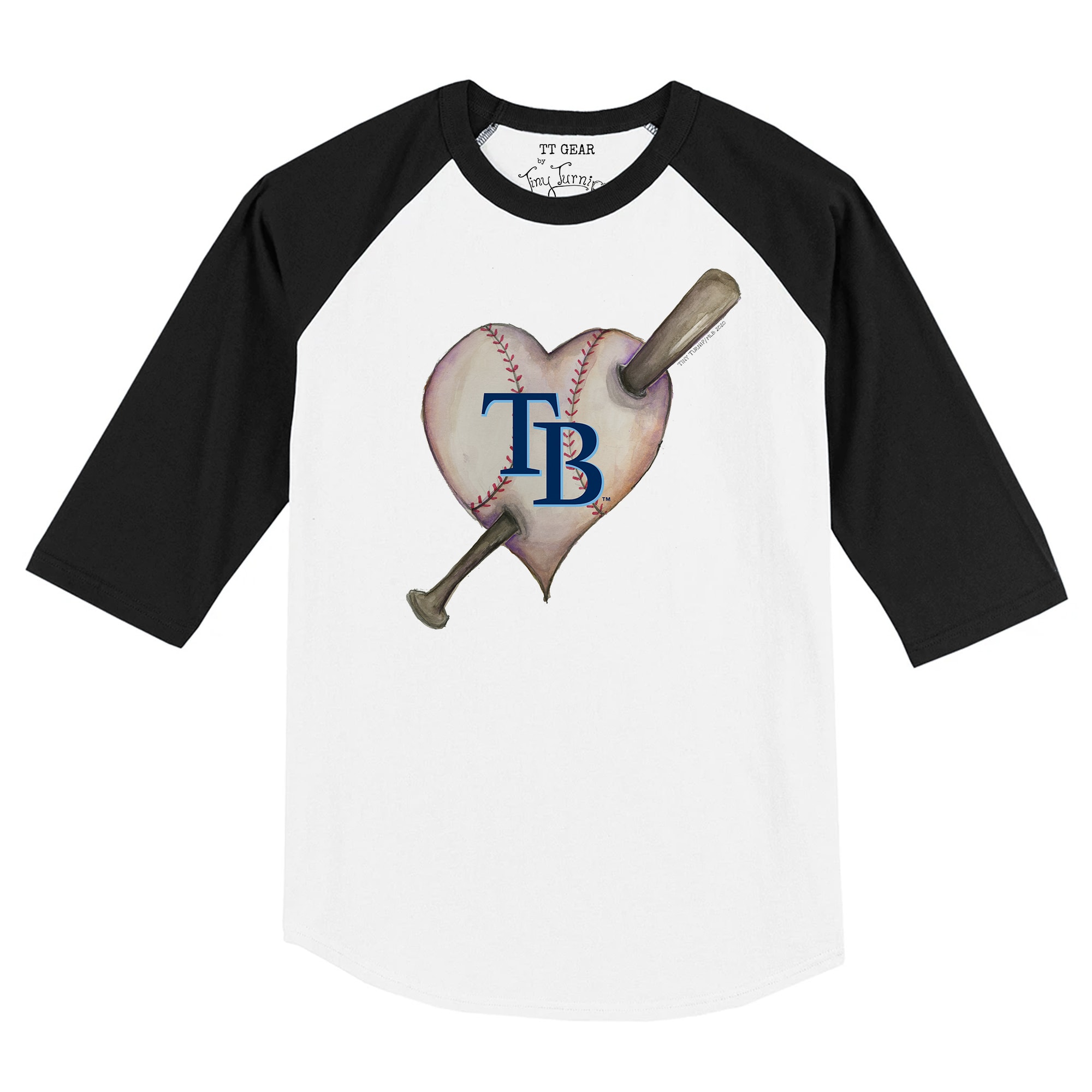 Toddler Tampa Bay Rays Tiny Turnip White/Black Heart Bat Raglan 3/4 Sleeve T-Shirt