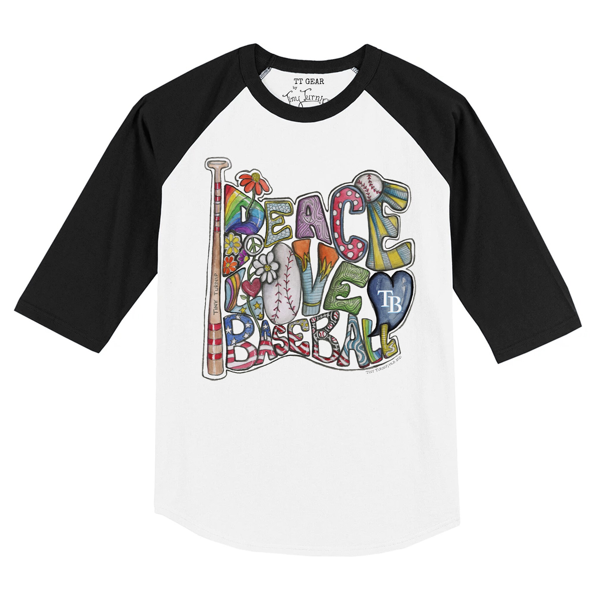 Toddler Tampa Bay Rays Tiny Turnip White/Black Peace Love Baseball Raglan 3/4 Sleeve T-Shirt