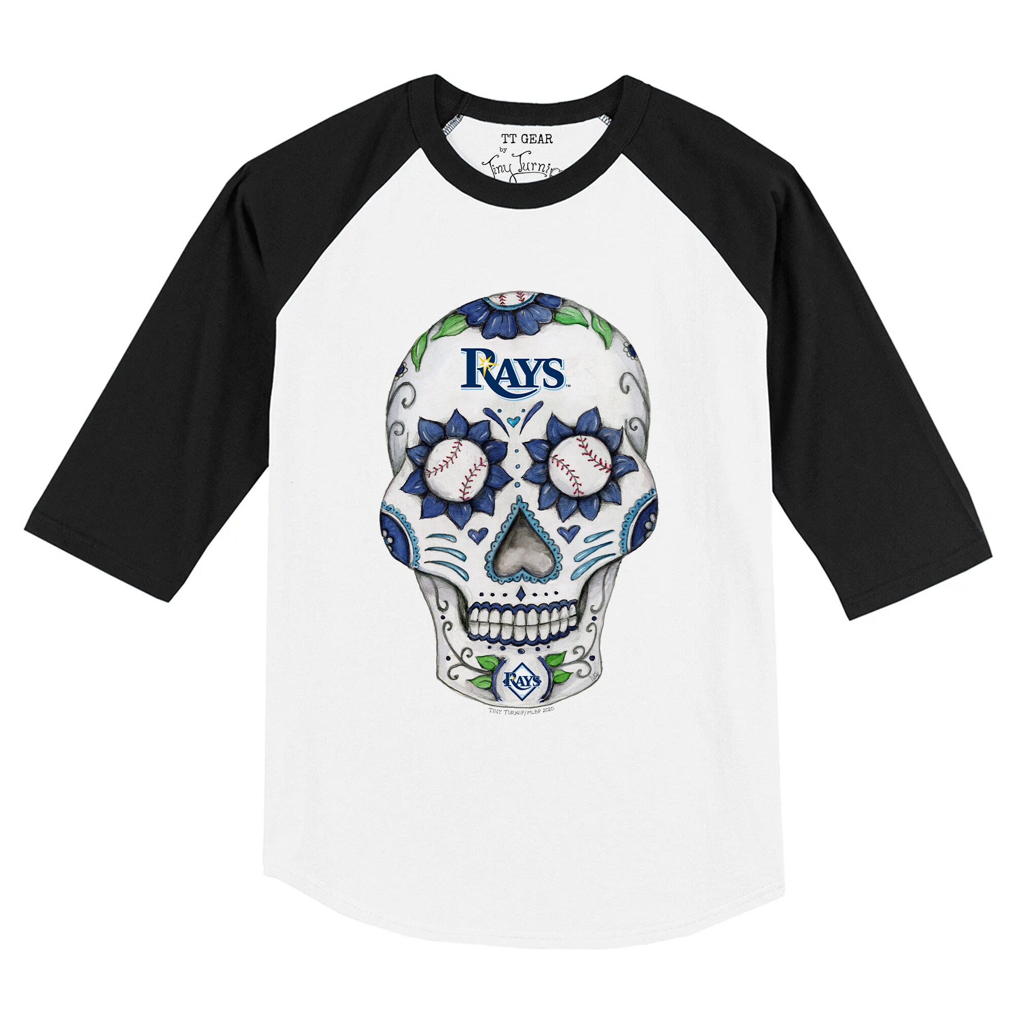 Toddler Tampa Bay Rays Tiny Turnip White/Black Sugar Skull Raglan 3/4 Sleeve T-Shirt