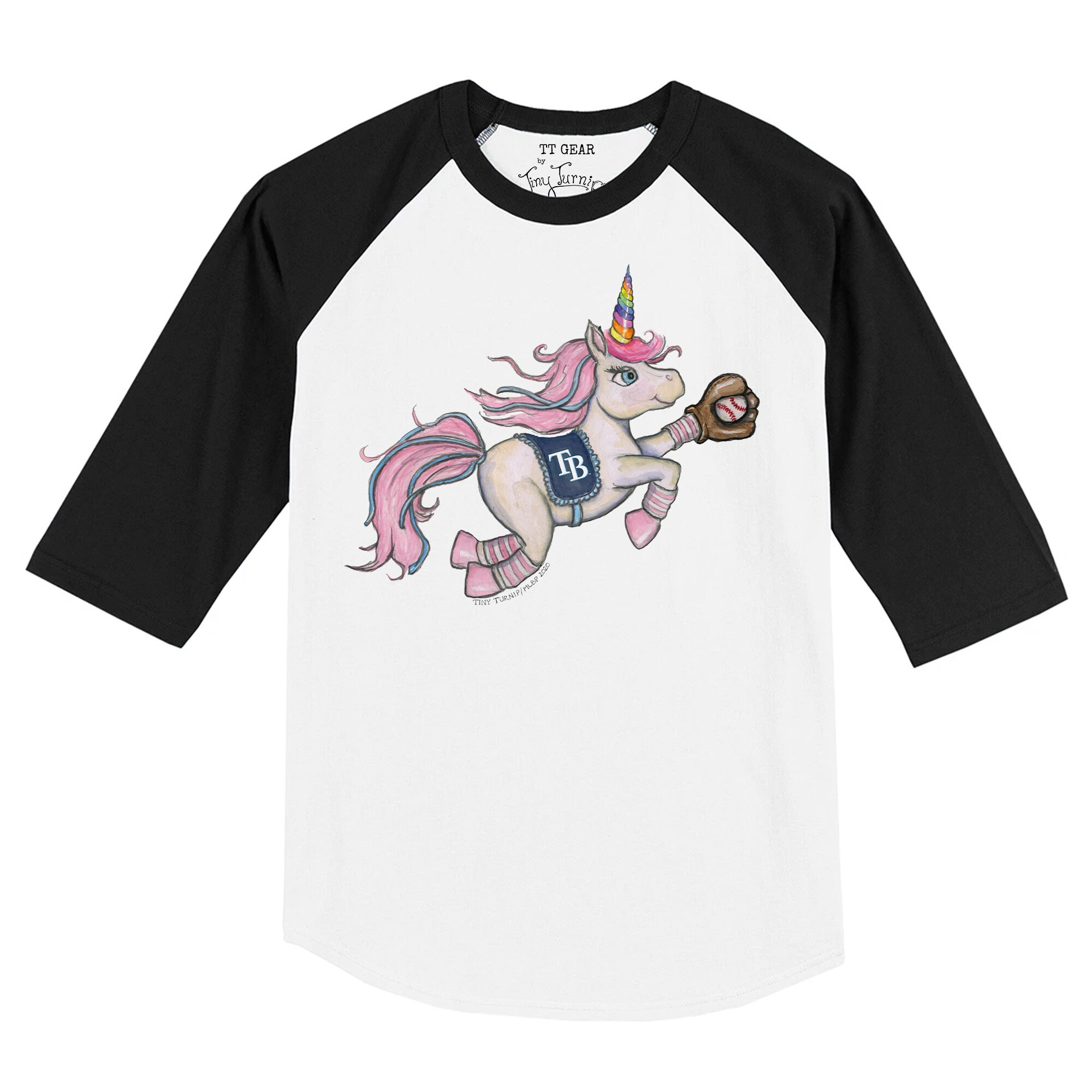 Toddler Tampa Bay Rays Tiny Turnip White/Black Unicorn Raglan 3/4 Sleeve T-Shirt
