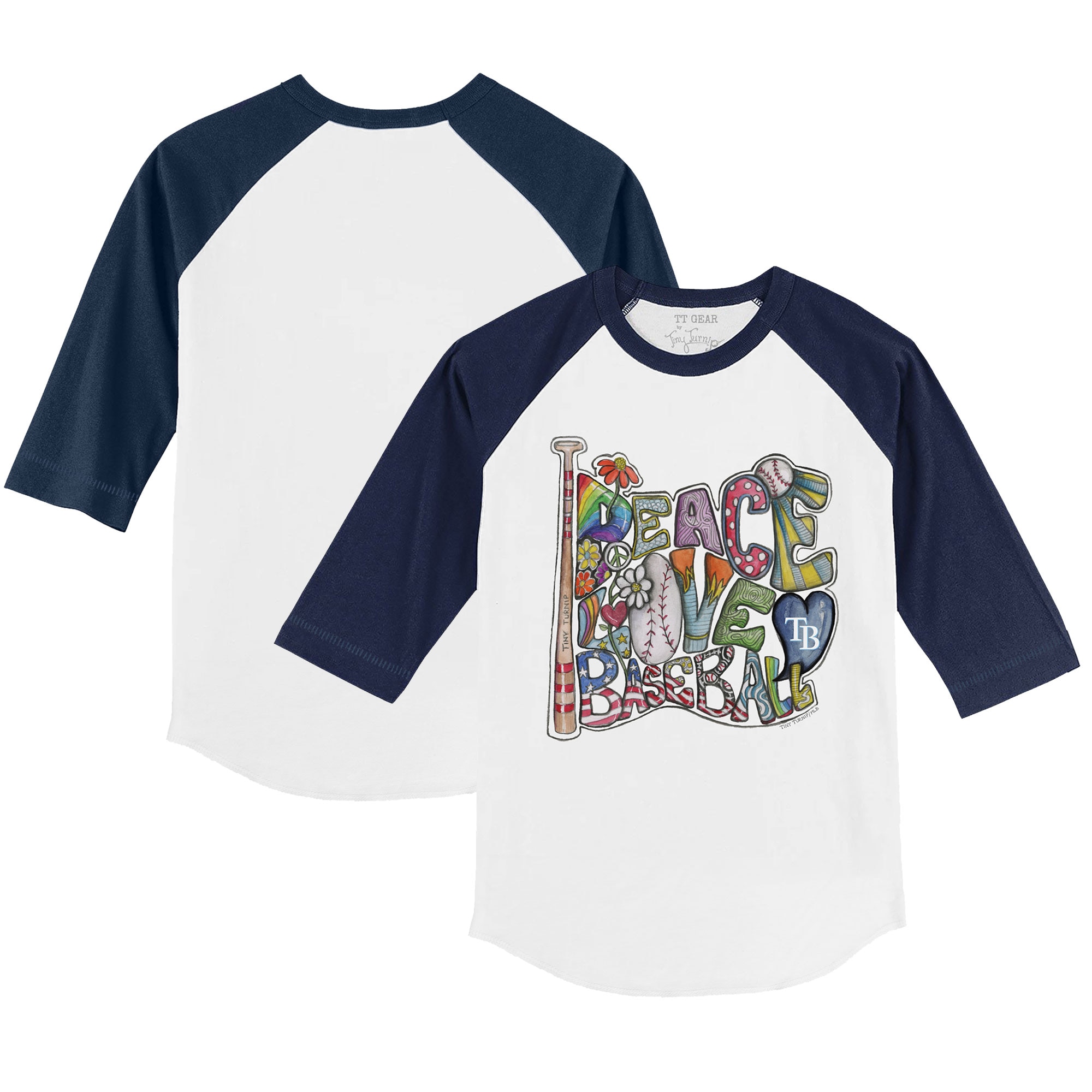Toddler Tampa Bay Rays Tiny Turnip White/Navy Peace Love Baseball 3/4-Sleeve Raglan T-Shirt