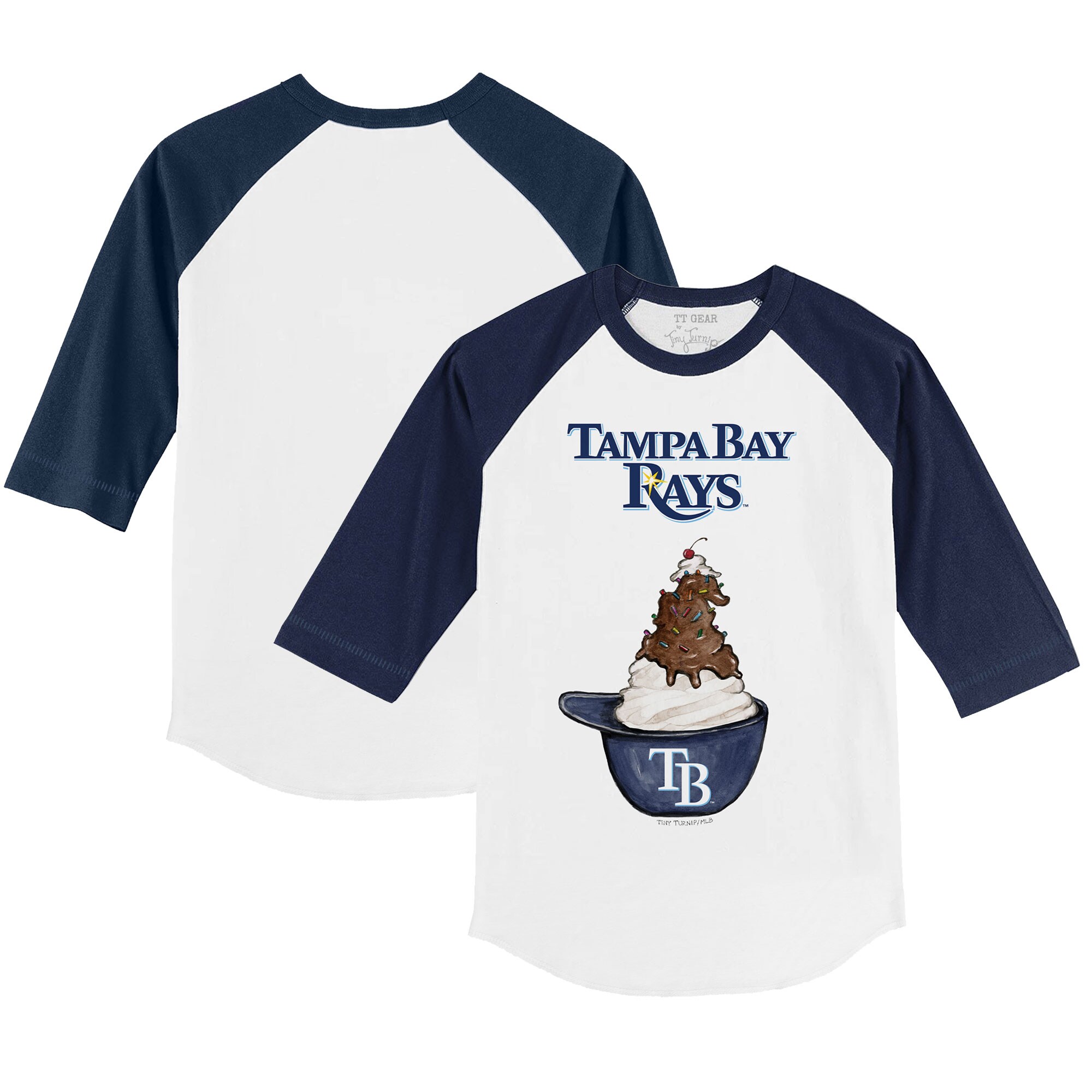 Toddler Tampa Bay Rays Tiny Turnip White/Navy Sundae Helmet 3/4-Sleeve Raglan T-Shirt