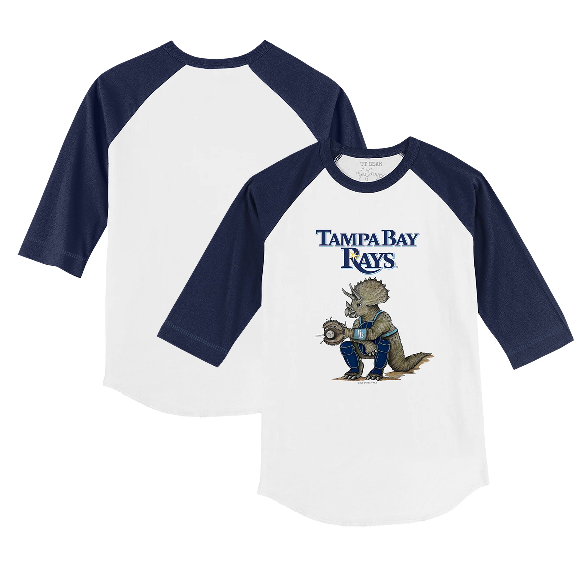 Toddler Tampa Bay Rays Tiny Turnip White/Navy Triceratops 3/4-Sleeve Raglan T-Shirt