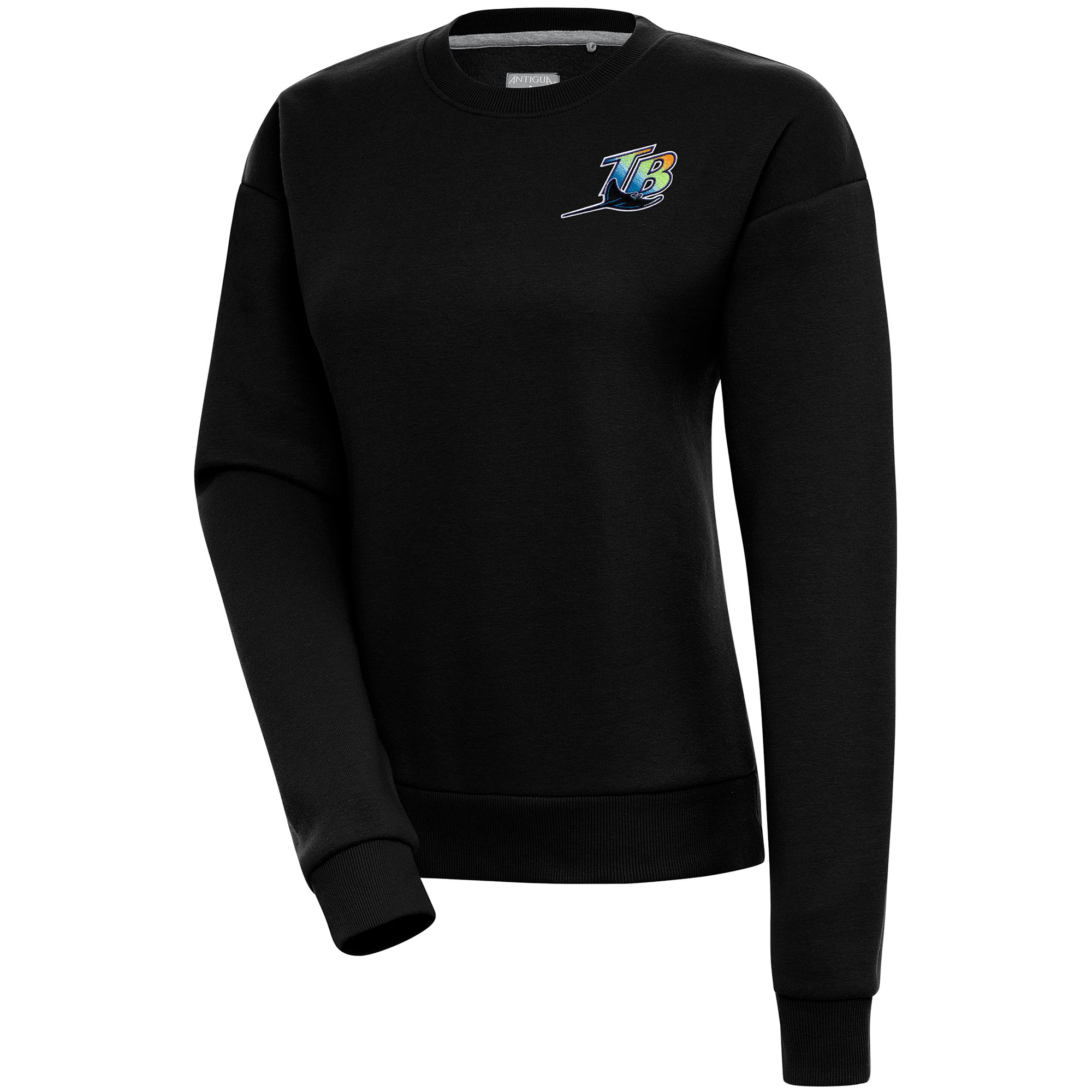 Women's Tampa Bay Rays  Antigua Black Cooperstown Victory Crewneck Pullover Sweatshirt