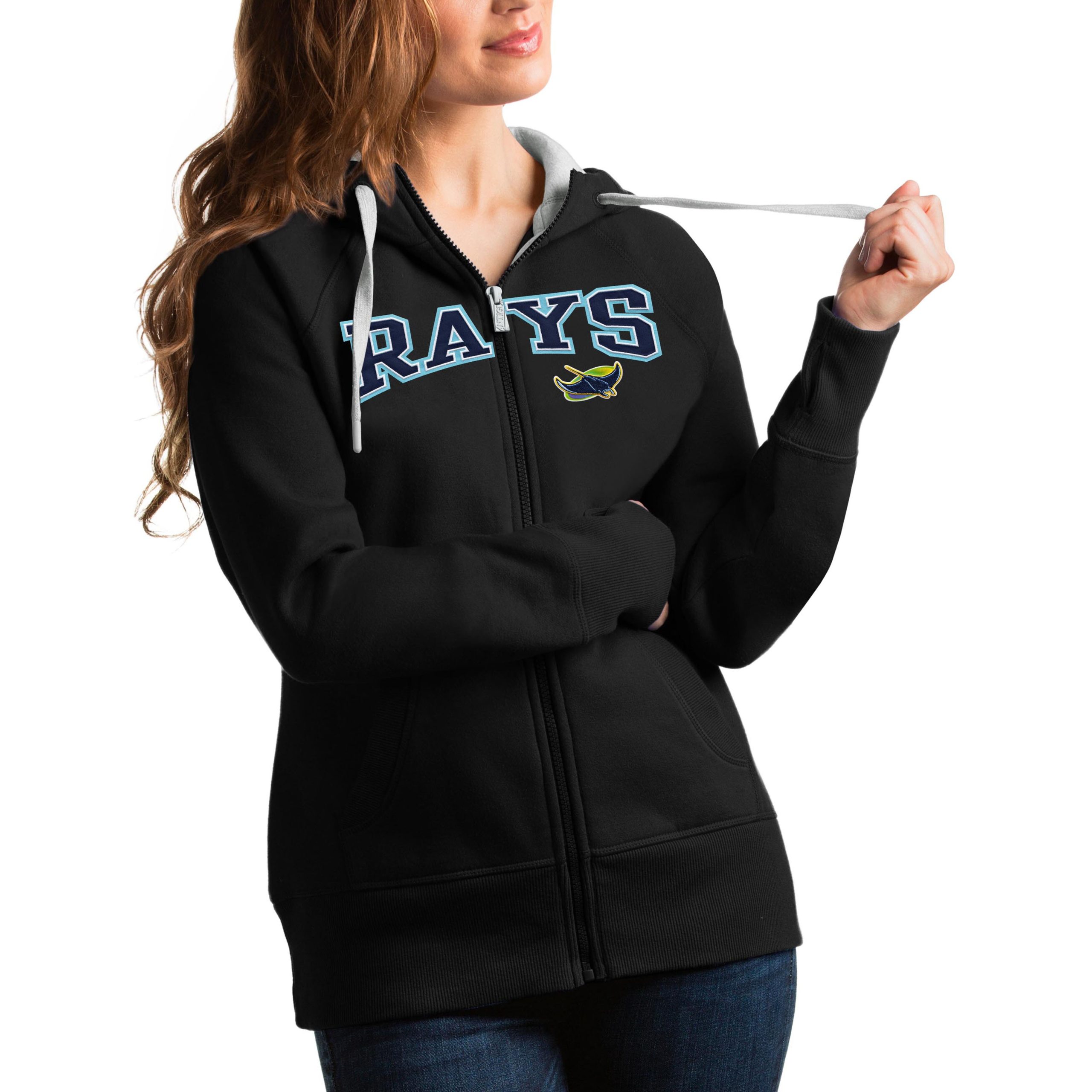 Women's Tampa Bay Rays Antigua Black Team Logo Victory Full-Zip Hoodie