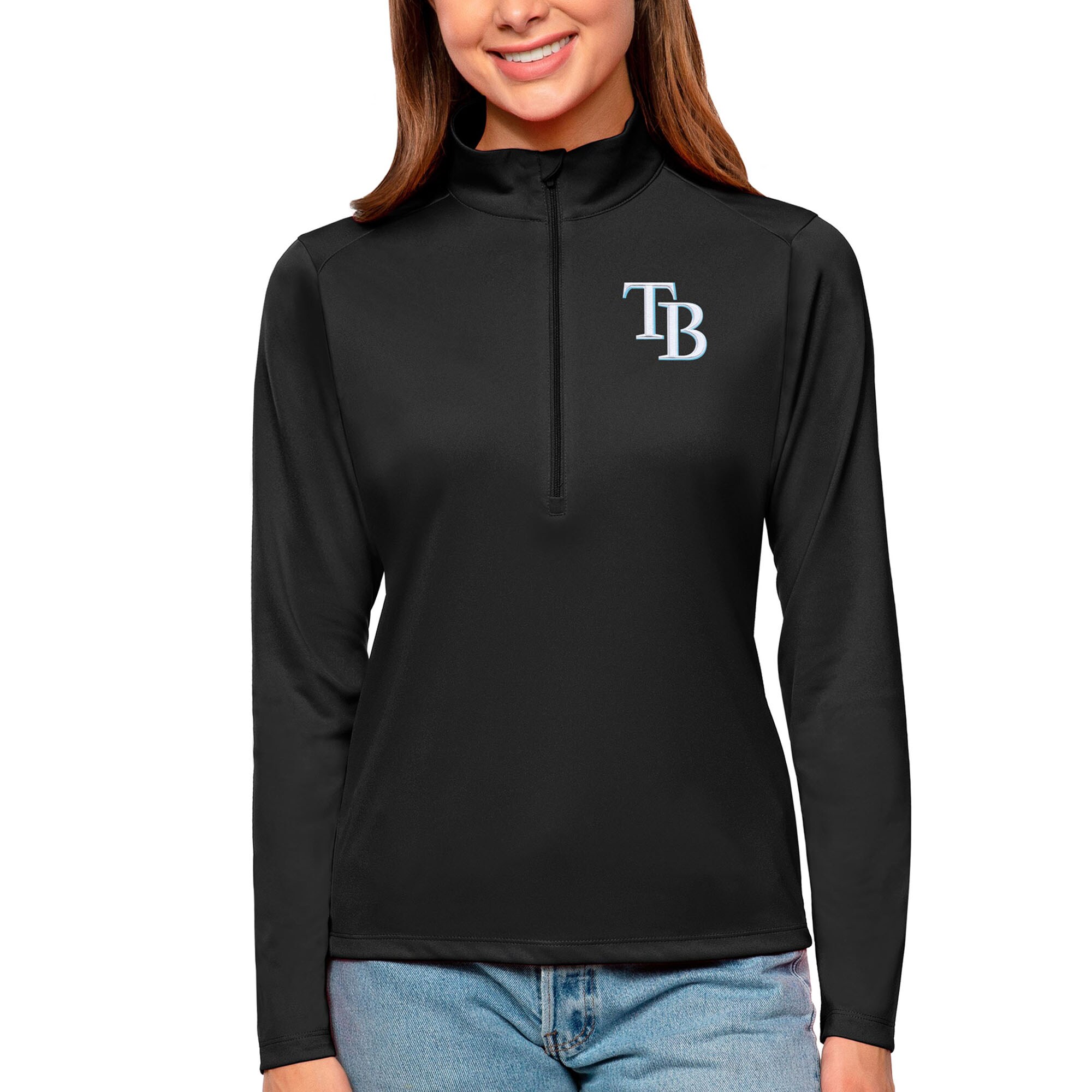 Women's Tampa Bay Rays Antigua Black Tribute Quarter-Zip Pullover Top