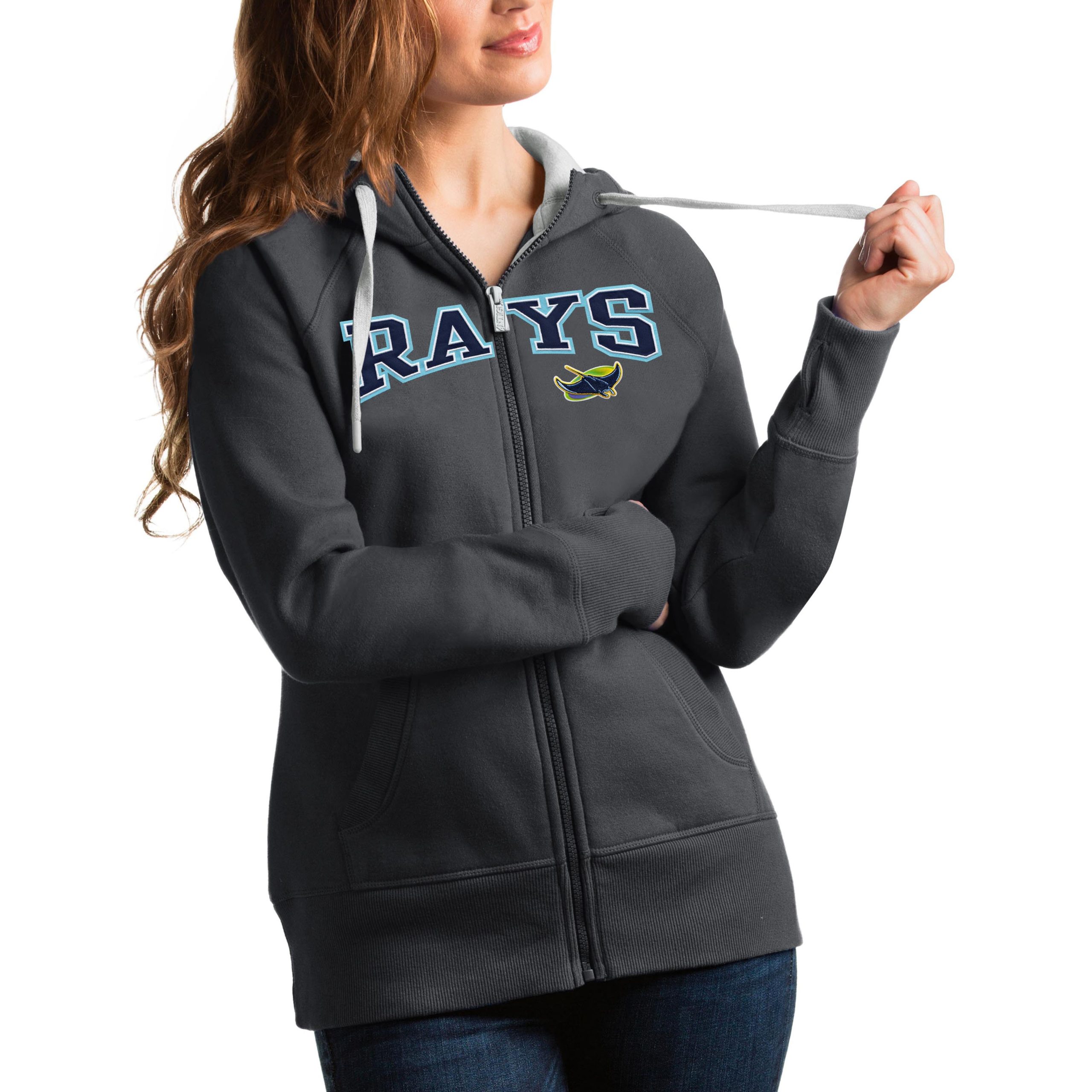 Women's Tampa Bay Rays Antigua Charcoal Team Logo Victory Full-Zip Hoodie