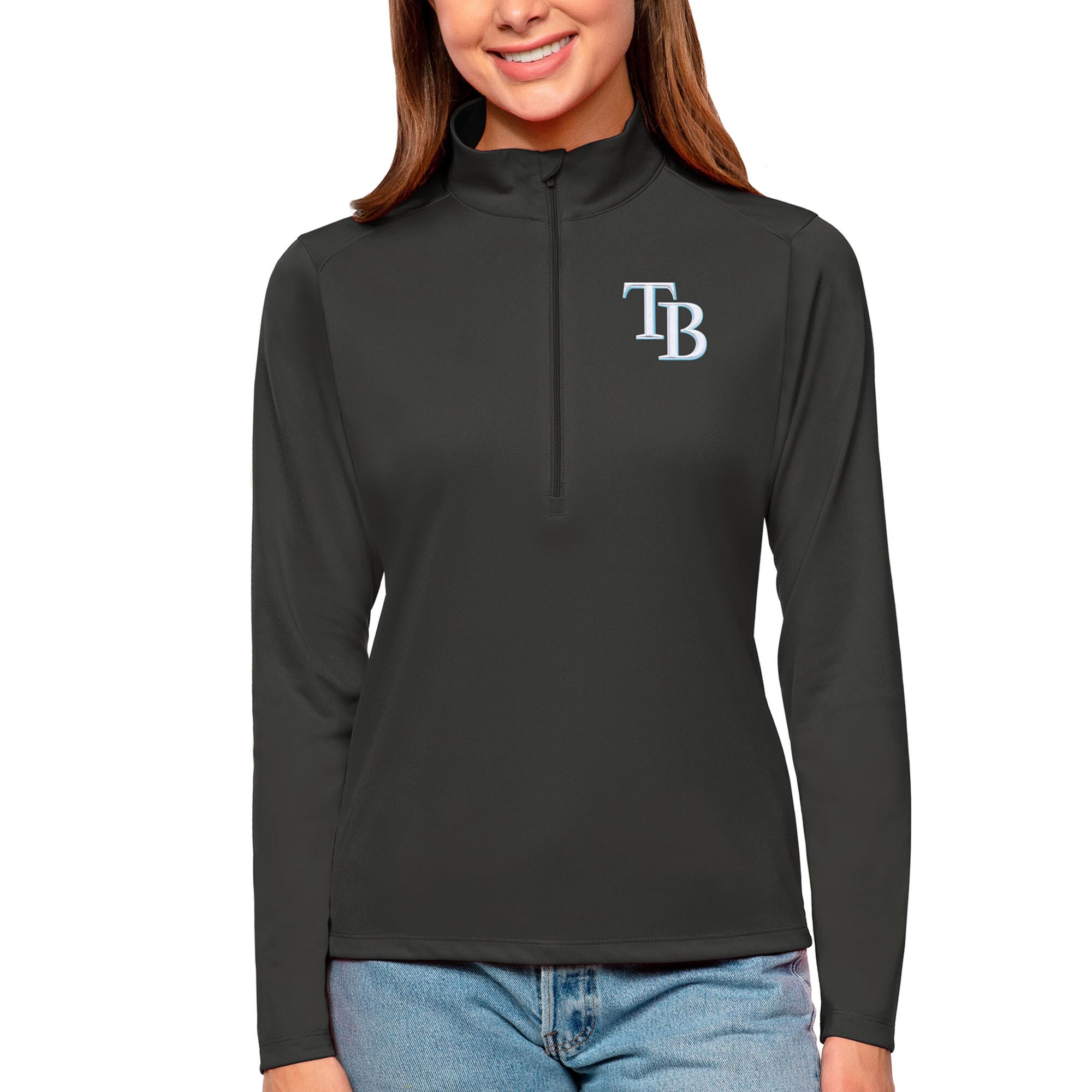 Women's Tampa Bay Rays Antigua Charcoal Tribute Quarter-Zip Pullover Top