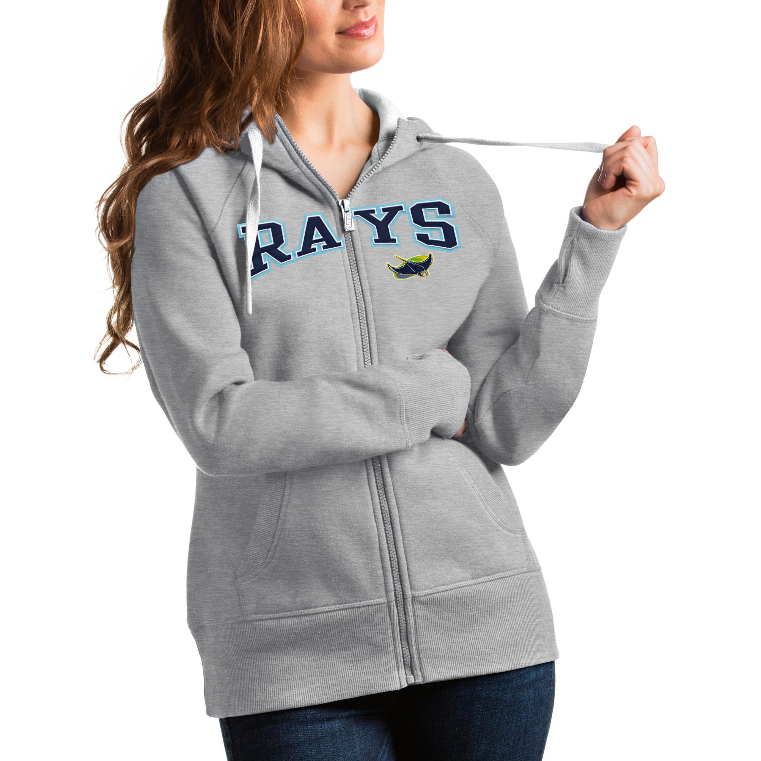 Women's Tampa Bay Rays Antigua Heather Gray Team Logo Victory Full-Zip Hoodie