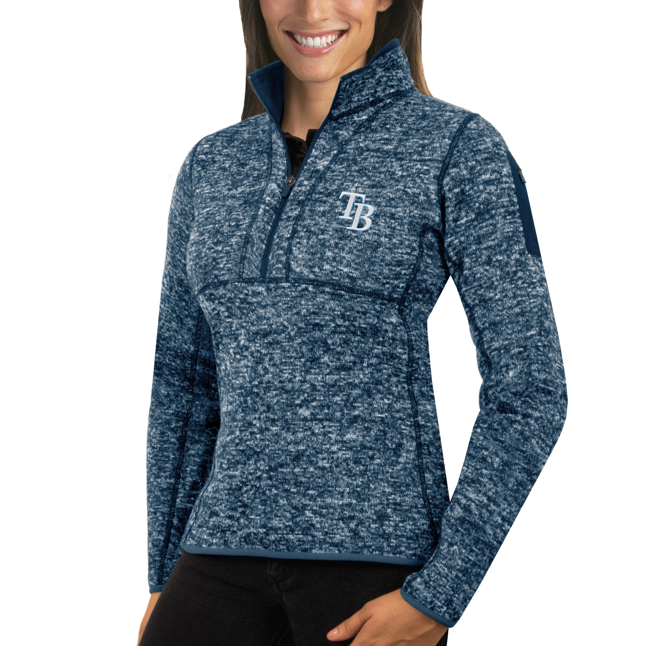 Women's Tampa Bay Rays Antigua Heathered Navy Fortune Half-Zip Pullover Sweater