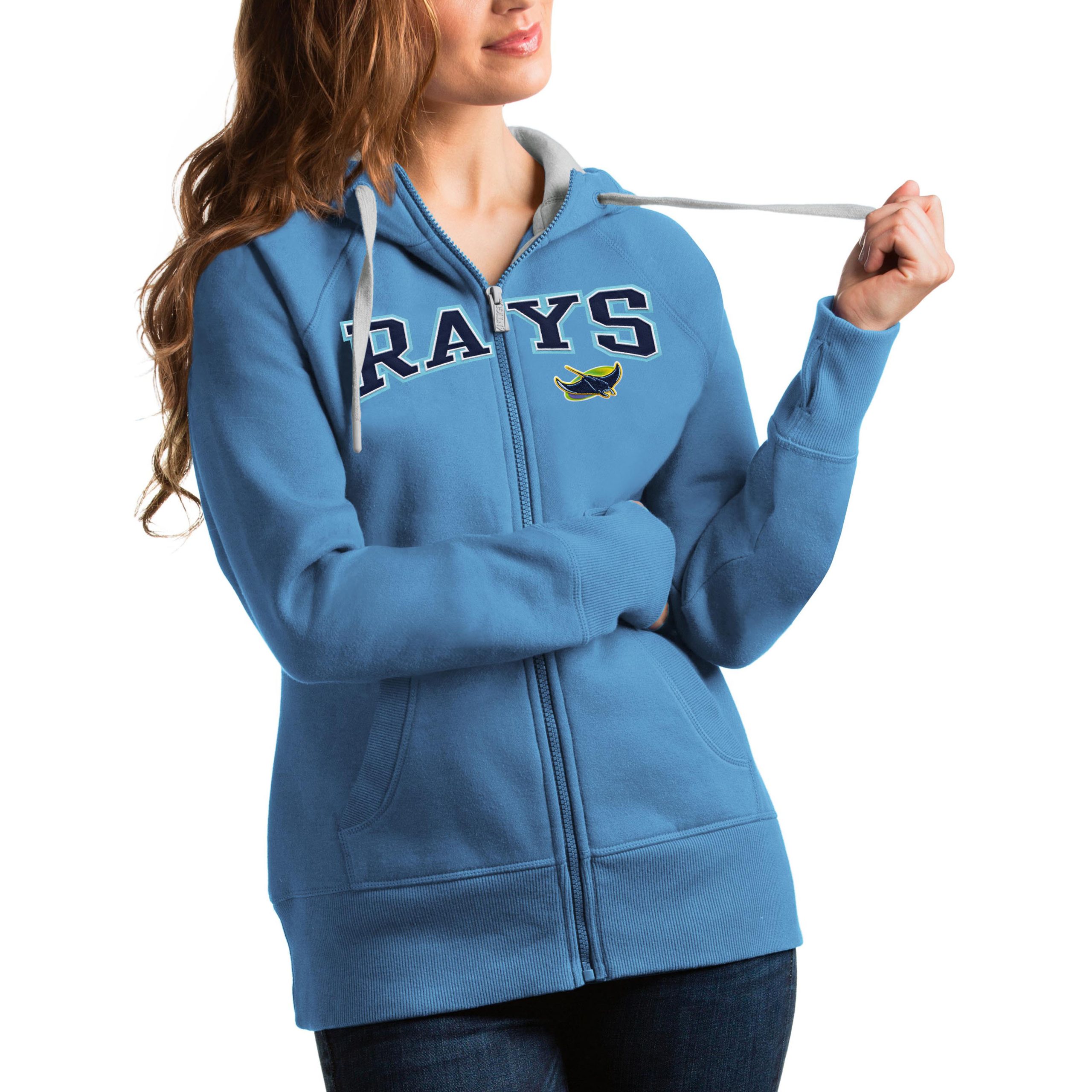 Women's Tampa Bay Rays Antigua Light Blue Team Logo Victory Full-Zip Hoodie