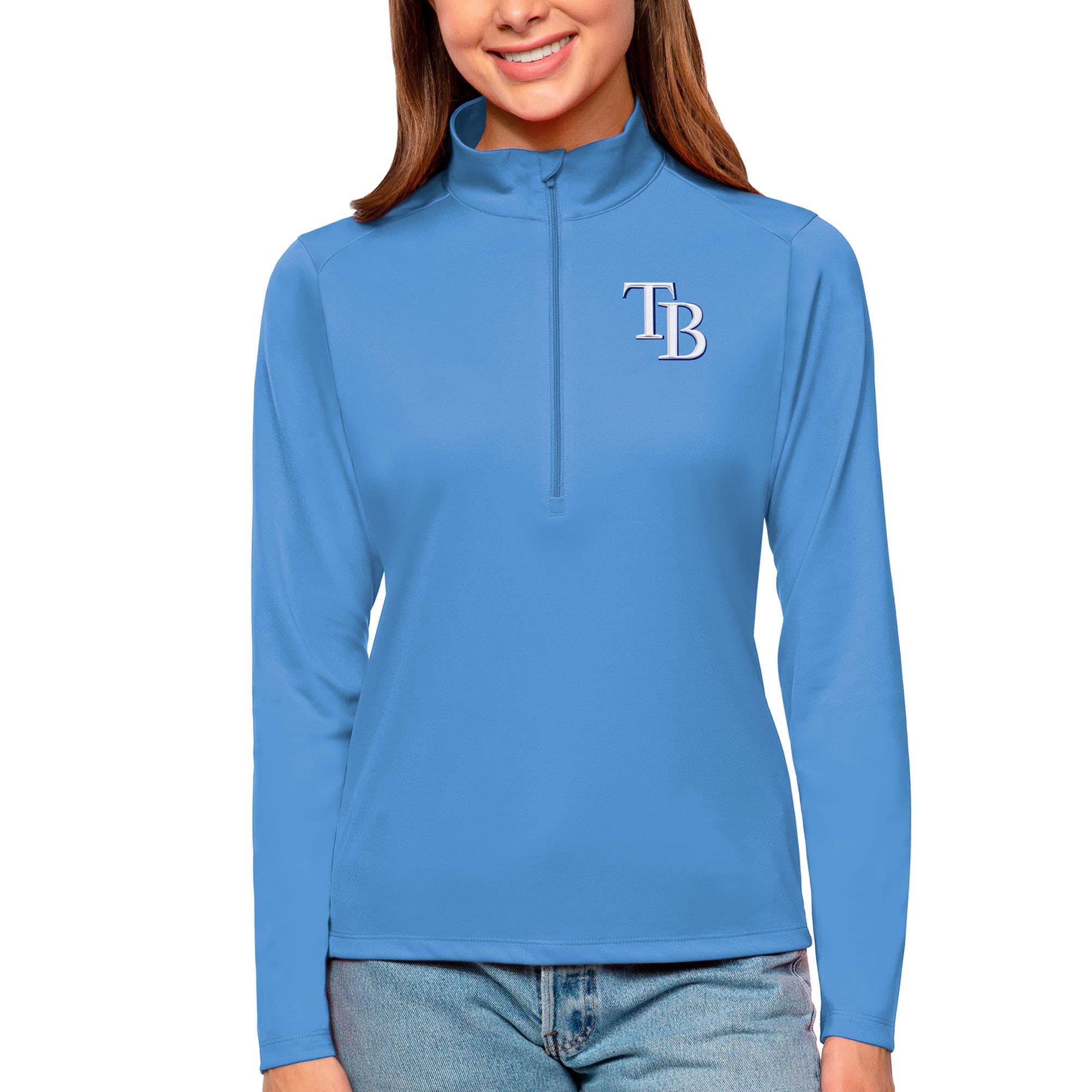 Women's Tampa Bay Rays Antigua Light Blue Tribute Quarter-Zip Pullover Top
