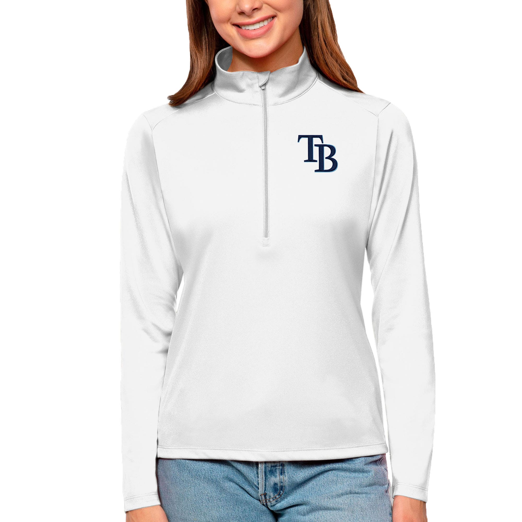Women's Tampa Bay Rays Antigua White Tribute Quarter-Zip Pullover Top