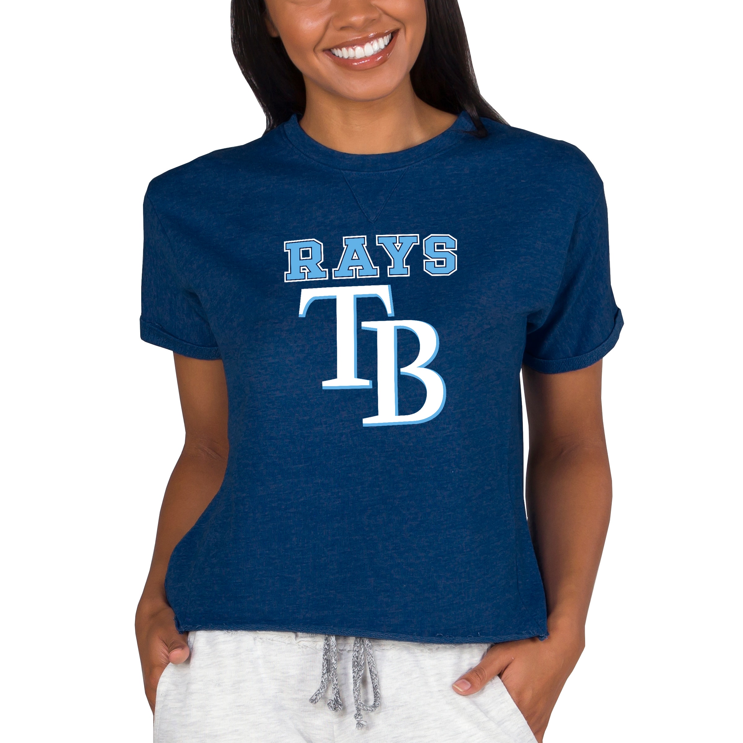 Women's Tampa Bay Rays  Concepts Sport Navy Tri-Blend Mainstream Terry Short Sleeve Sweatshirt Top