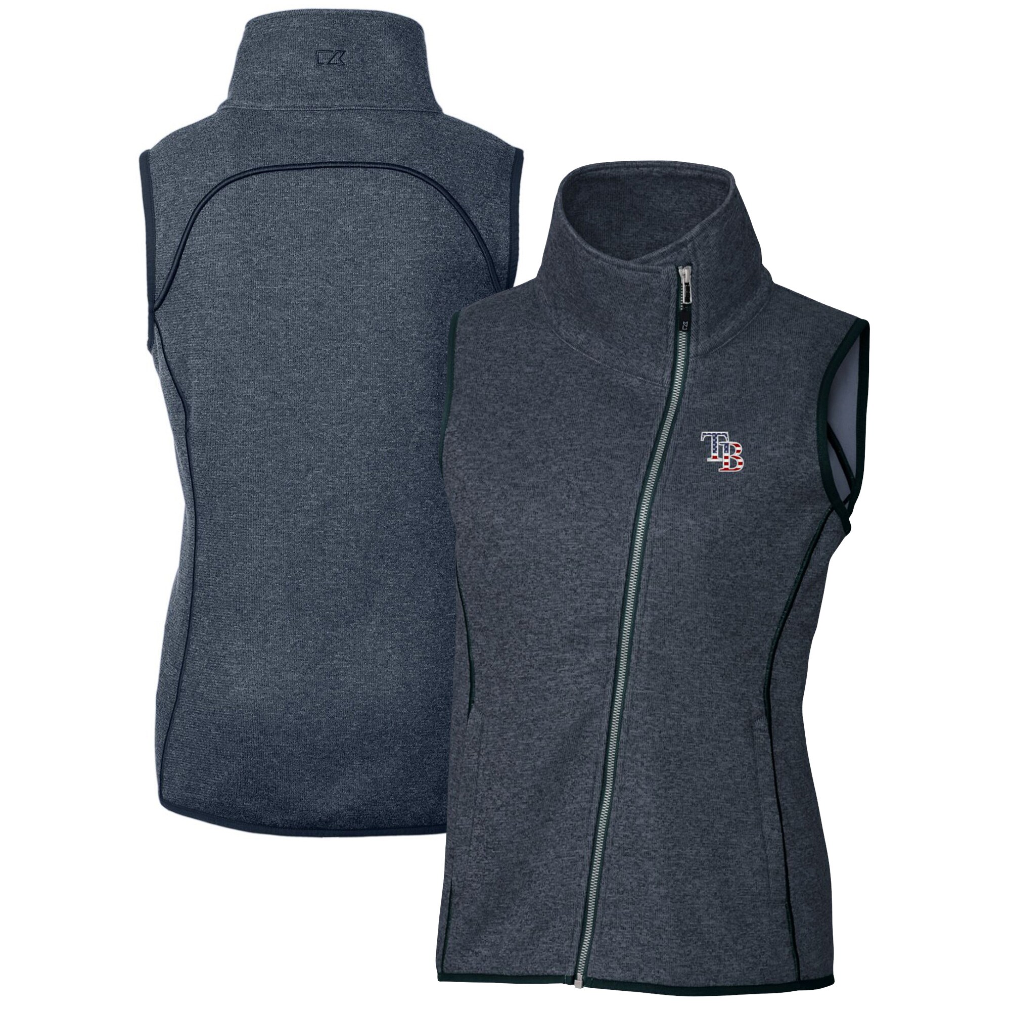 Women's Tampa Bay Rays Cutter & Buck Heather Navy Americana Logo Mainsail Sweater-Knit Full-Zip Asymmetrical Vest
