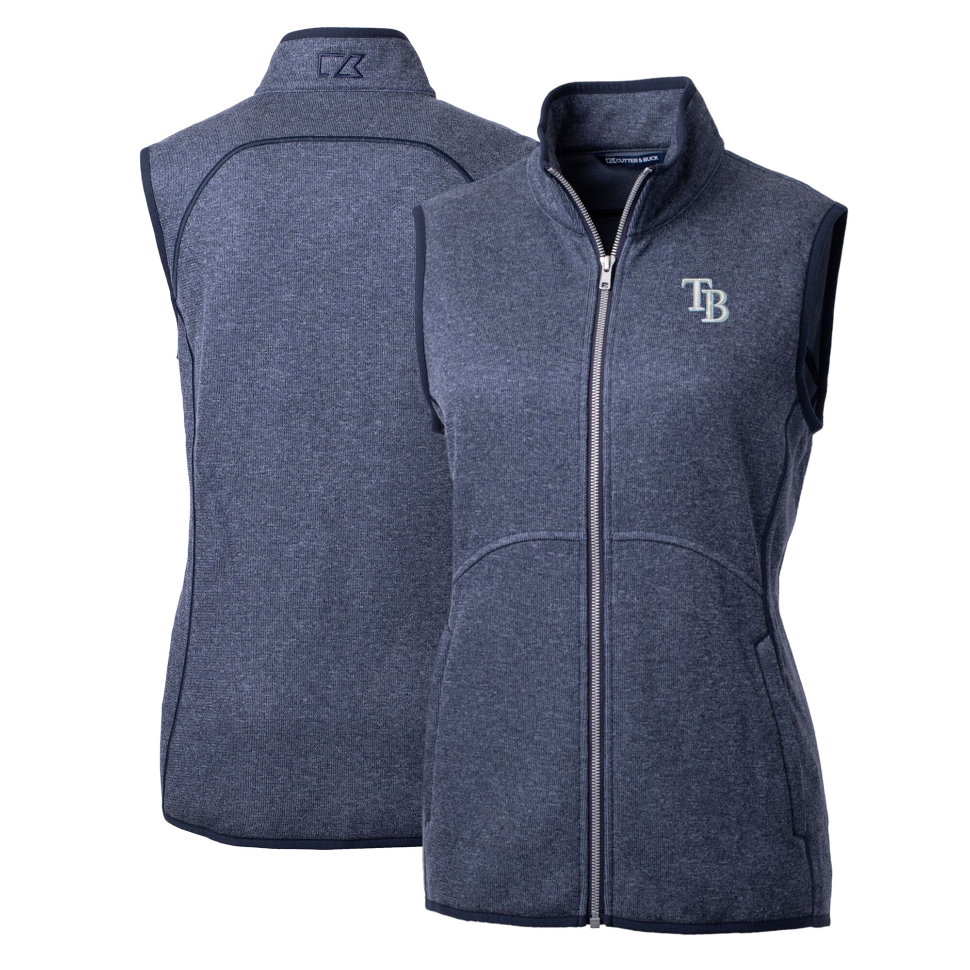 Women's Tampa Bay Rays Cutter & Buck Heathered Navy Mainsail Sweater-Knit Full-Zip Vest