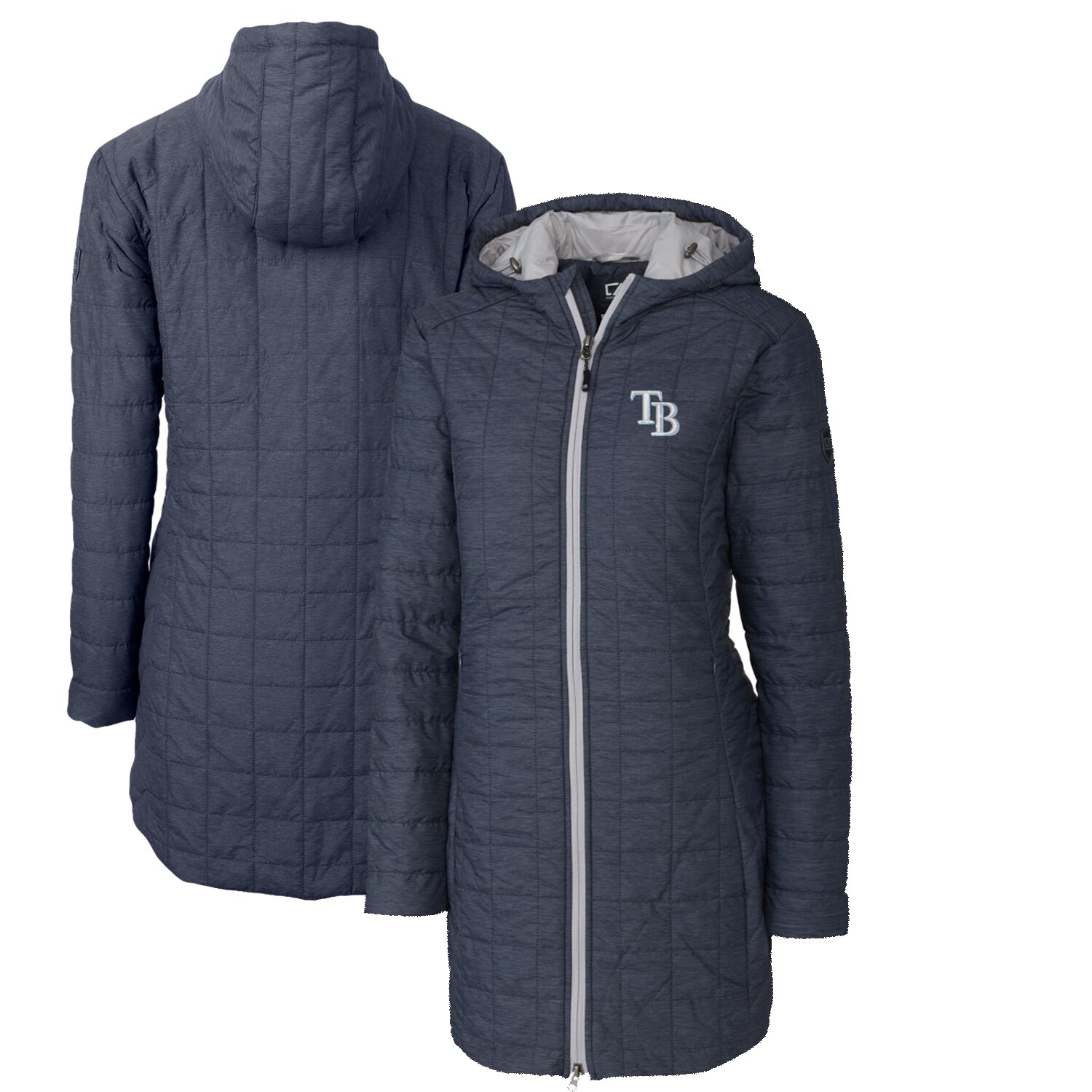Women's Tampa Bay Rays Cutter & Buck Heathered Navy Rainier Primaloft Eco Full-Zip Hoodie Long Coat