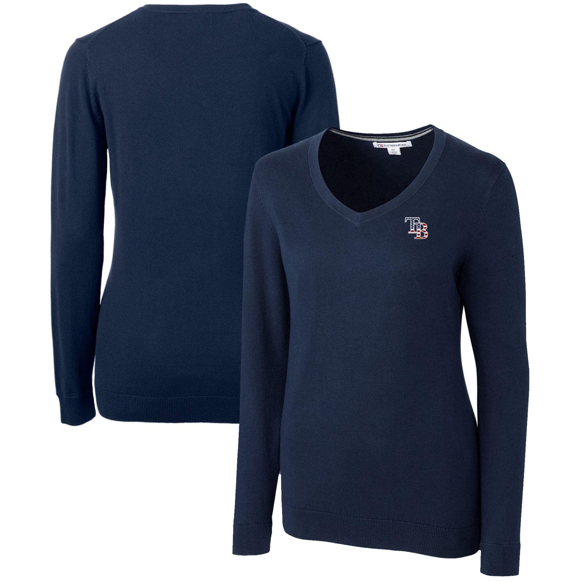 Women's Tampa Bay Rays Cutter & Buck Navy Americana Logo Lakemont Tri-Blend V-Neck Pullover Sweater