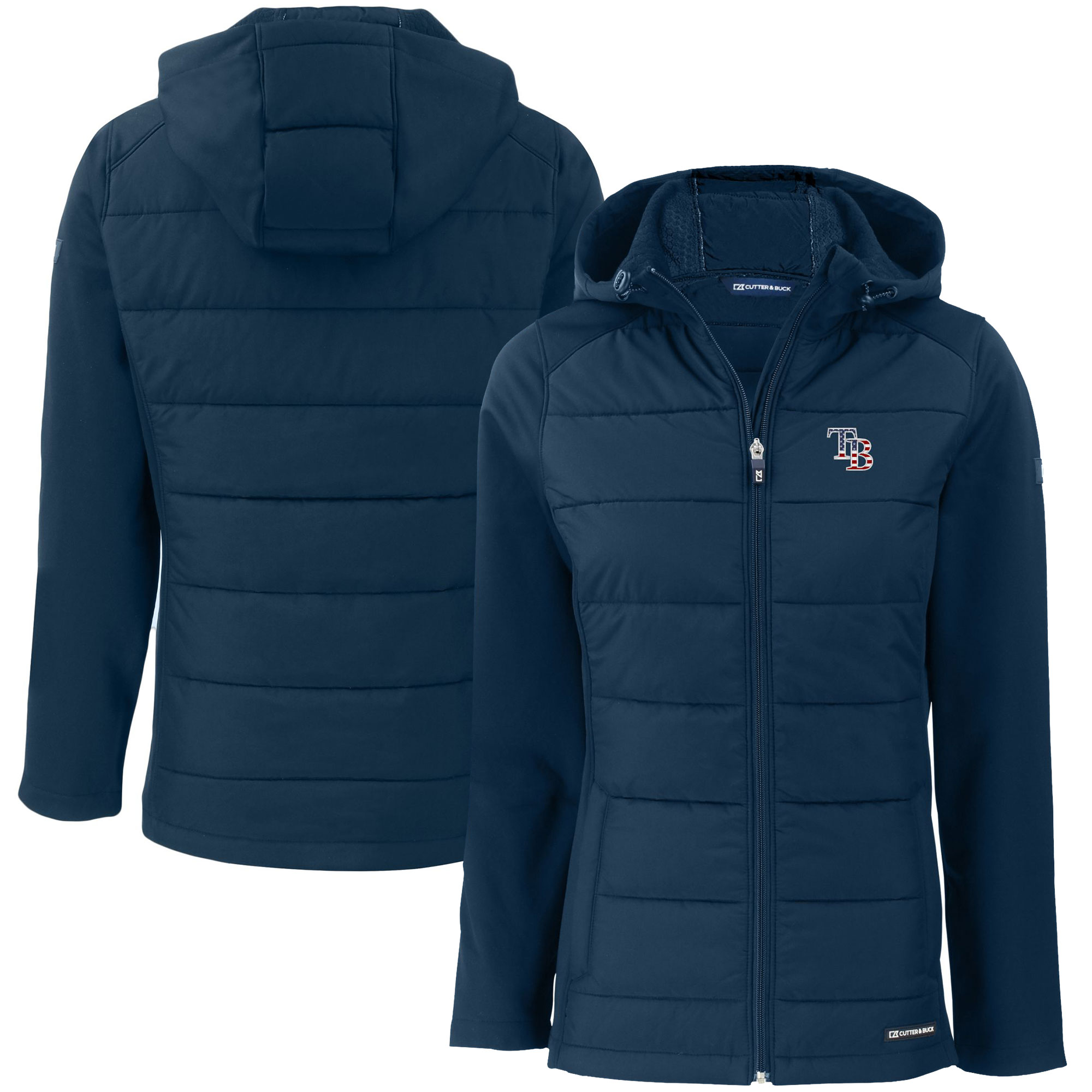 Women's Tampa Bay Rays  Cutter & Buck Navy Evoke Hybrid Eco Softshell Recycled Full-Zip Hoodie Jacket