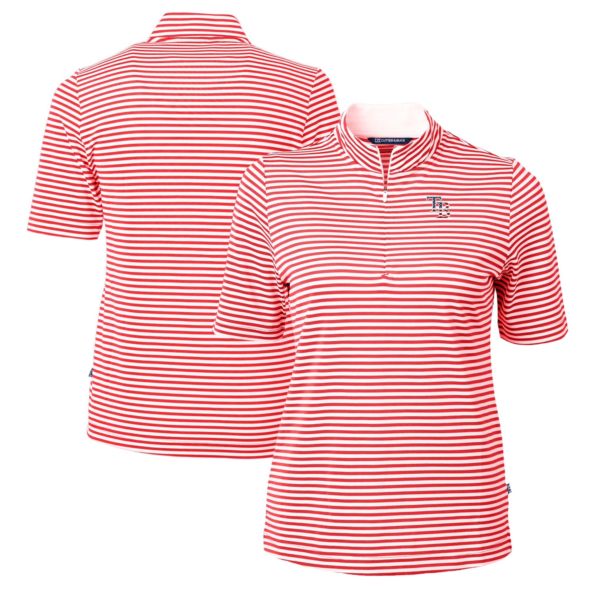 Women's Tampa Bay Rays Cutter & Buck Red Virtue Eco Pique Stripe Recycled Quarter-Zip Pullover Top