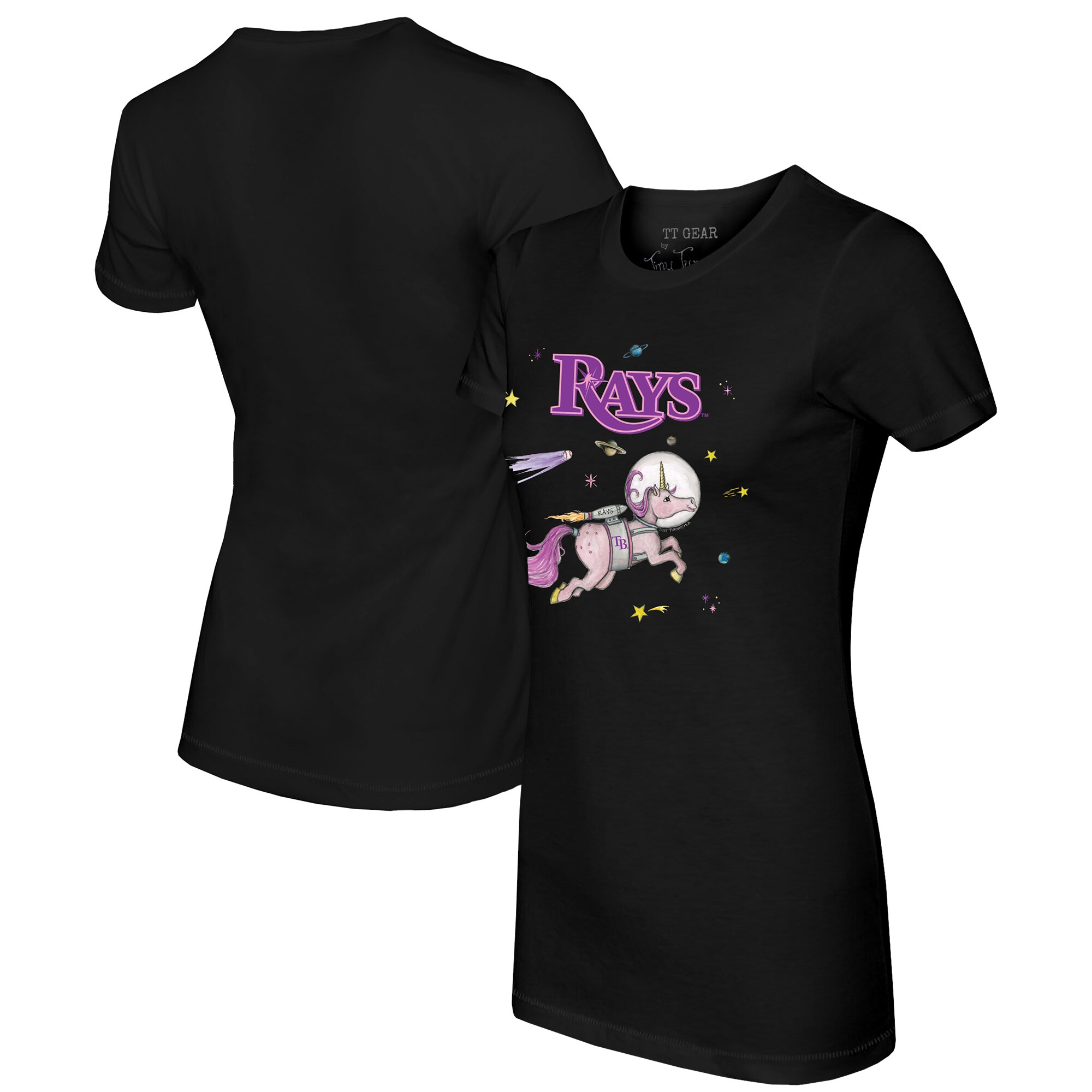 Women's Tampa Bay Rays Tiny Turnip Black Space Unicorn T-Shirt