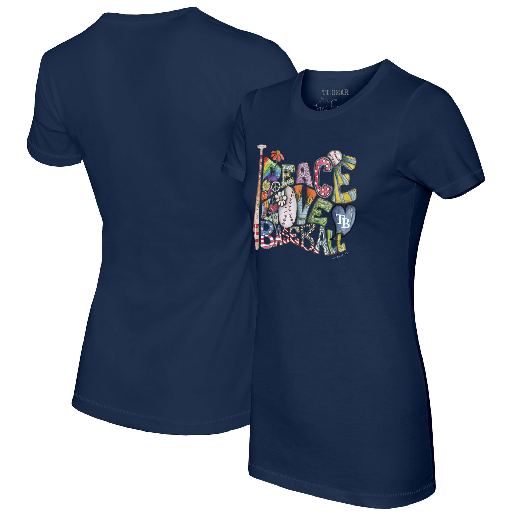 Women's Tampa Bay Rays Tiny Turnip Navy Peace Love Baseball Fitted T-Shirt