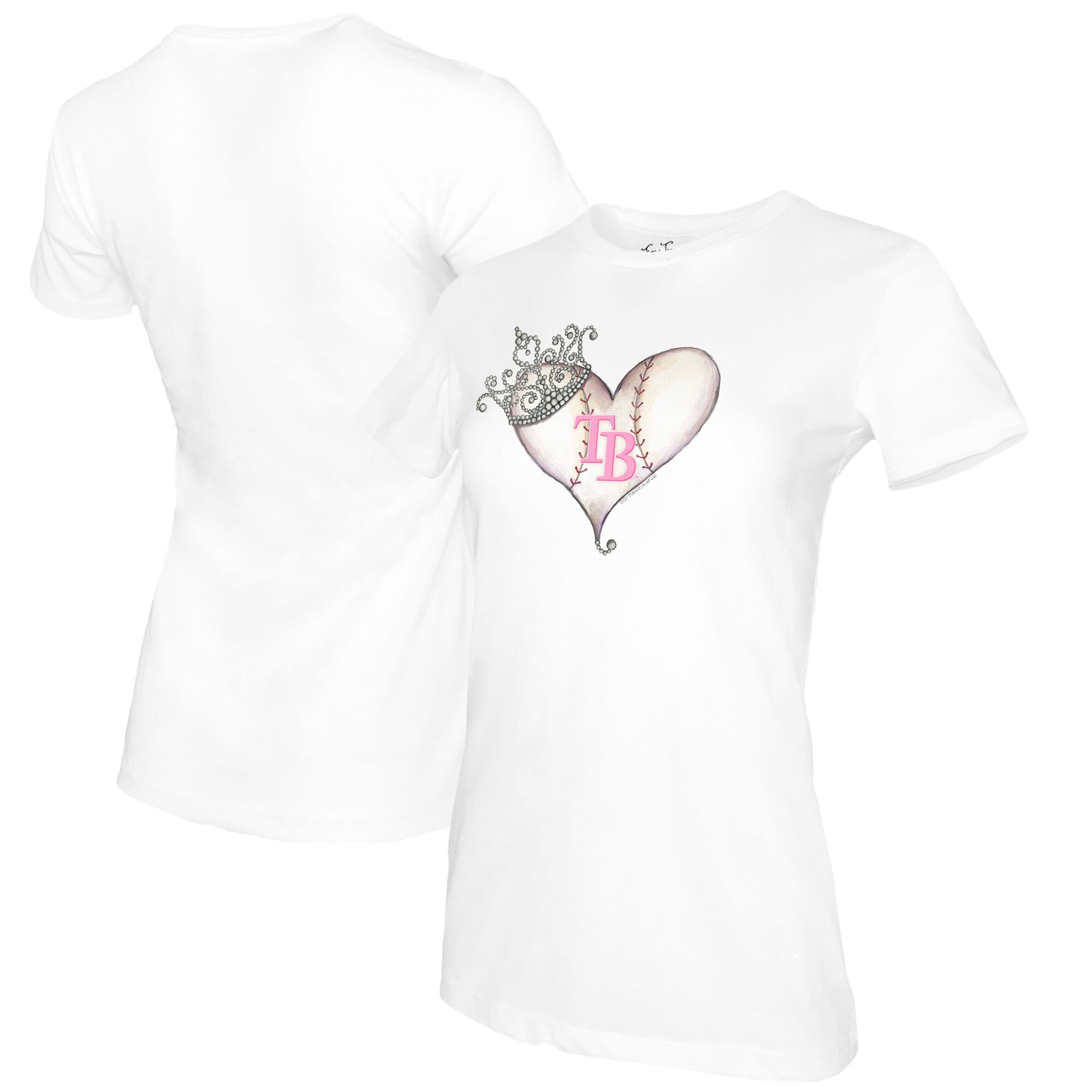 Women's Tampa Bay Rays Tiny Turnip White Baseball Tiara Heart T-Shirt
