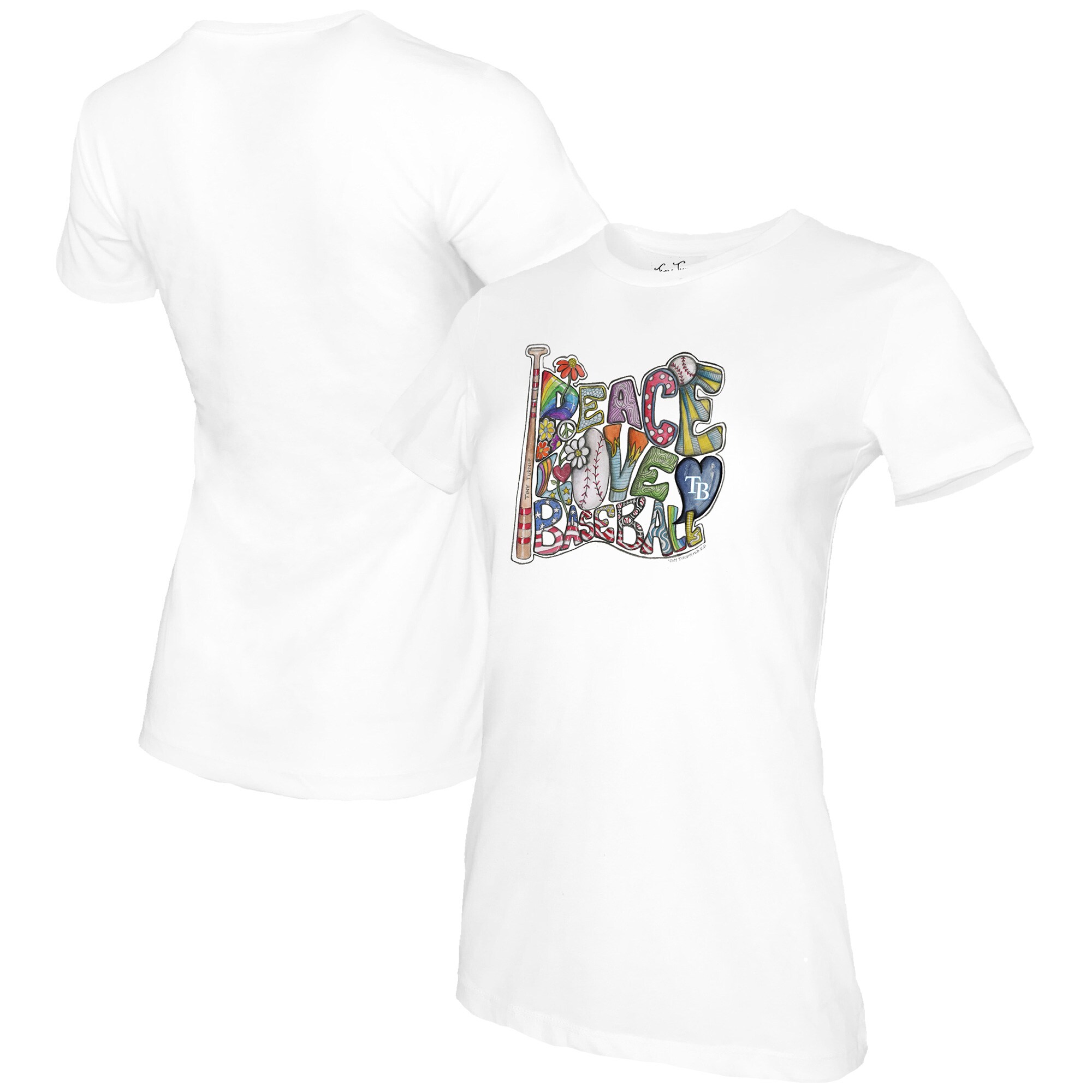 Women's Tampa Bay Rays Tiny Turnip White Peace Love Baseball T-Shirt