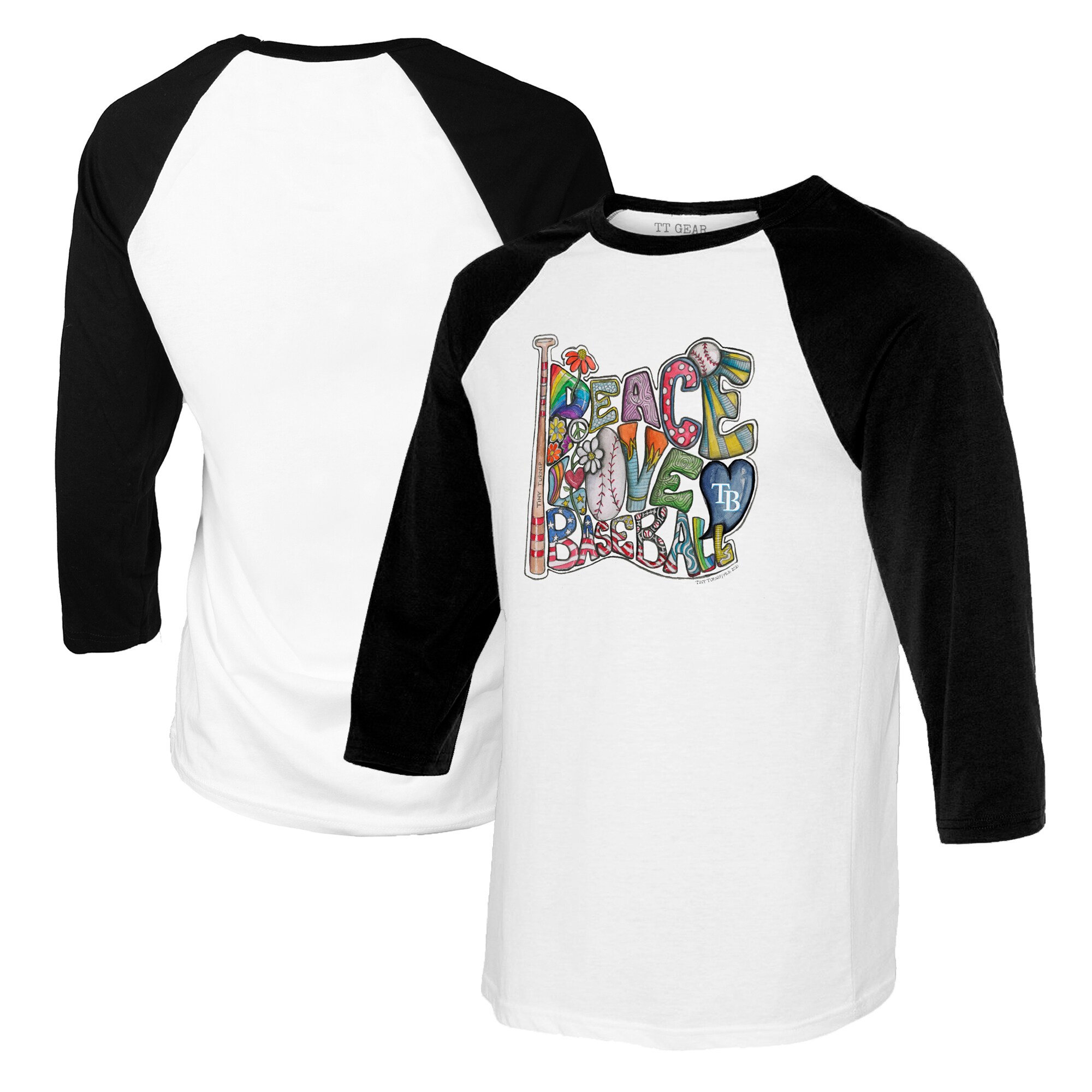 Women's Tampa Bay Rays Tiny Turnip White/Black Peace Love Baseball 3/4-Sleeve Raglan T-Shirt