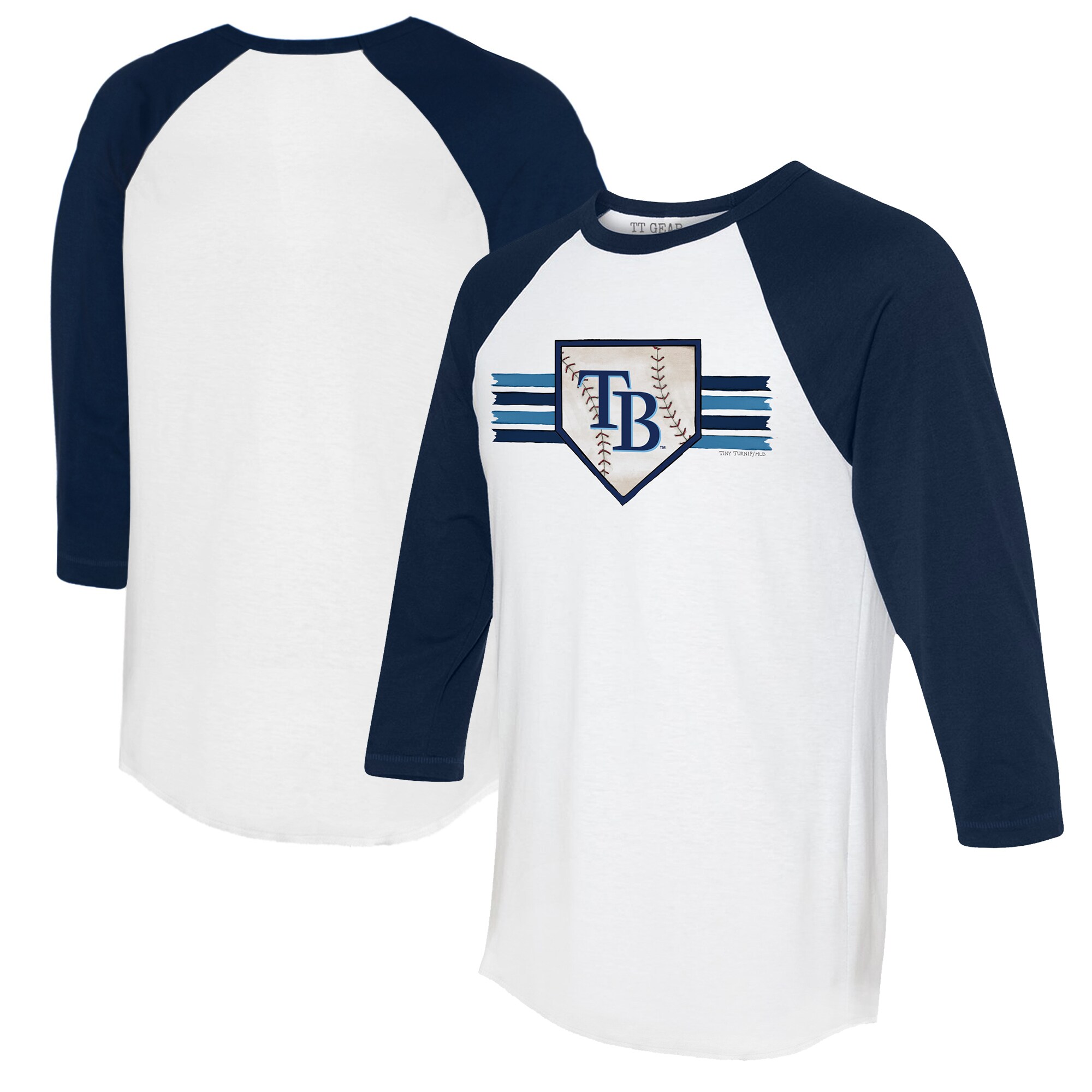 Women's Tampa Bay Rays Tiny Turnip White/Navy Base Stripe 3/4-Sleeve Raglan T-Shirt
