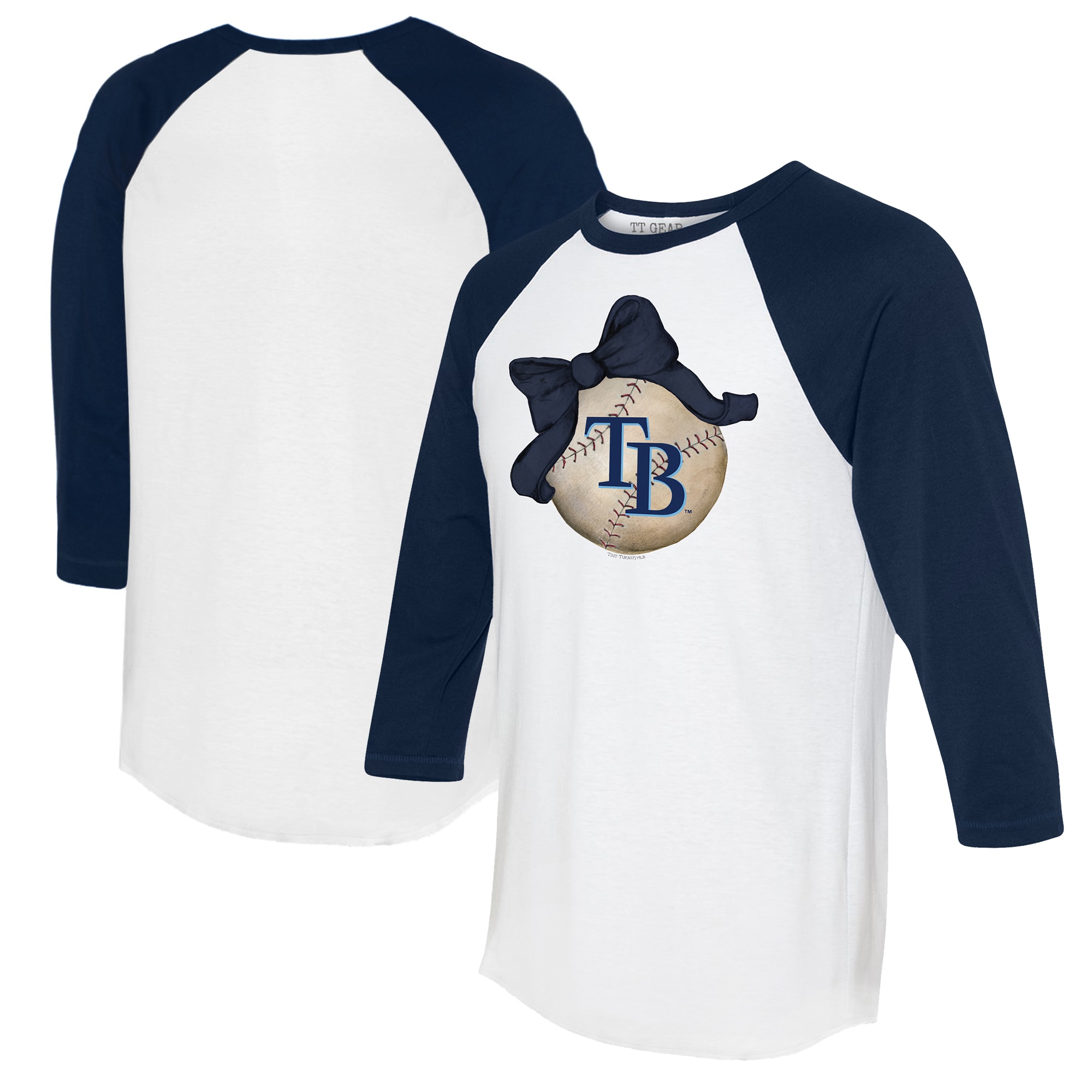 Women's Tampa Bay Rays Tiny Turnip White/Navy Baseball Bow 3/4-Sleeve Raglan T-Shirt