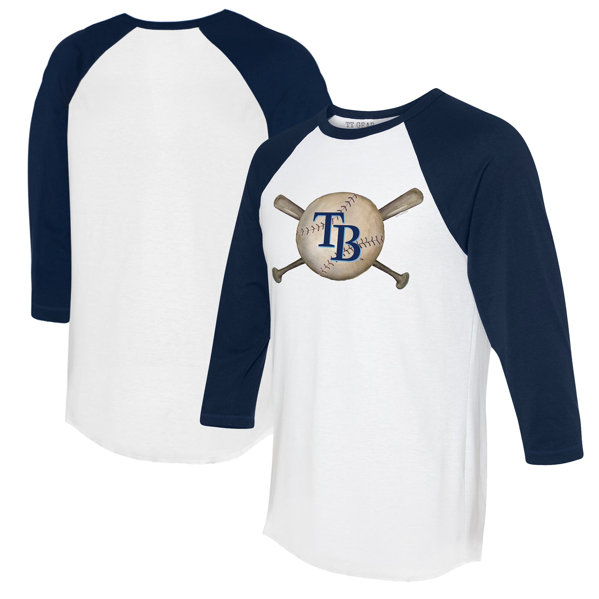 Women's Tampa Bay Rays Tiny Turnip White/Navy Baseball Cross Bats 3/4-Sleeve Raglan T-Shirt