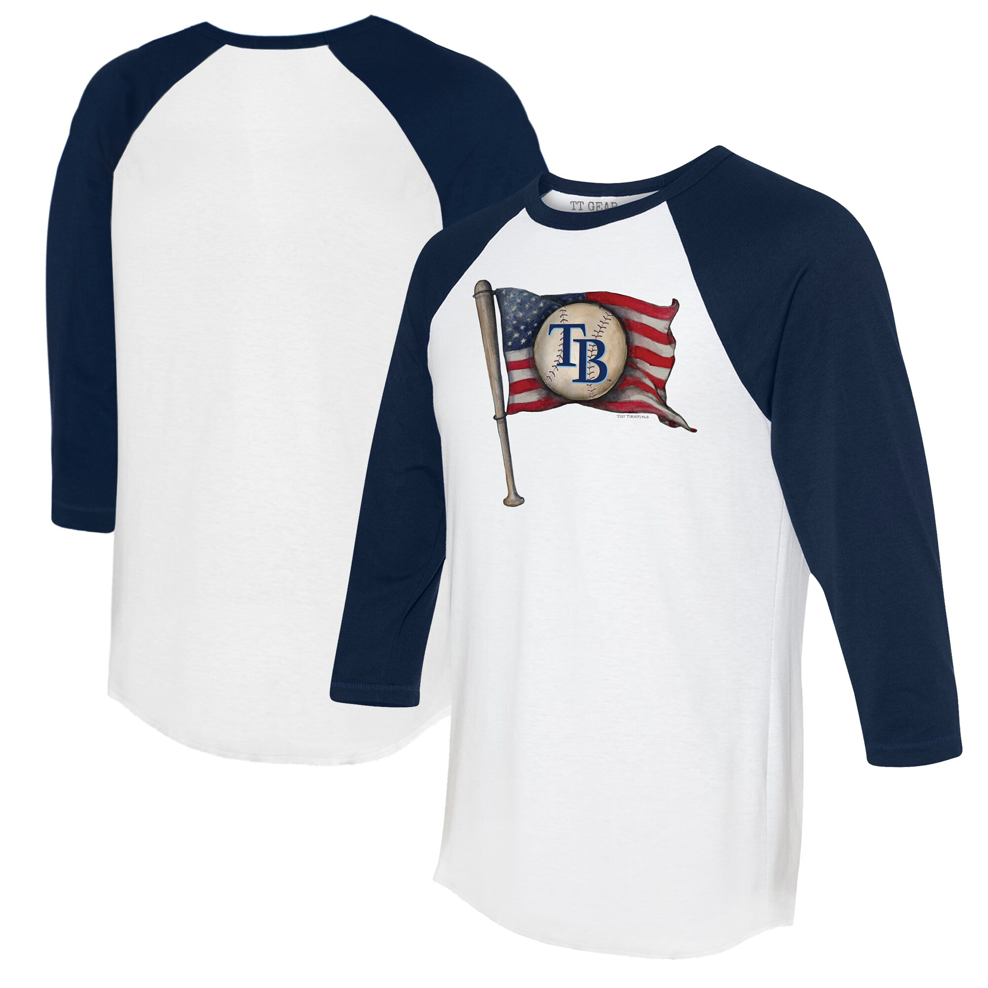 Women's Tampa Bay Rays  Tiny Turnip White/Navy Baseball Flag 3/4-Sleeve Raglan T-Shirt