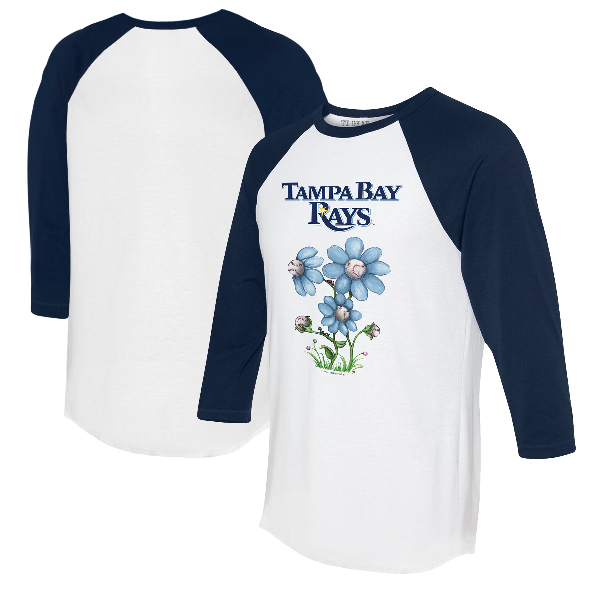 Women's Tampa Bay Rays Tiny Turnip White/Navy Blooming Baseballs 3/4-Sleeve Raglan T-Shirt