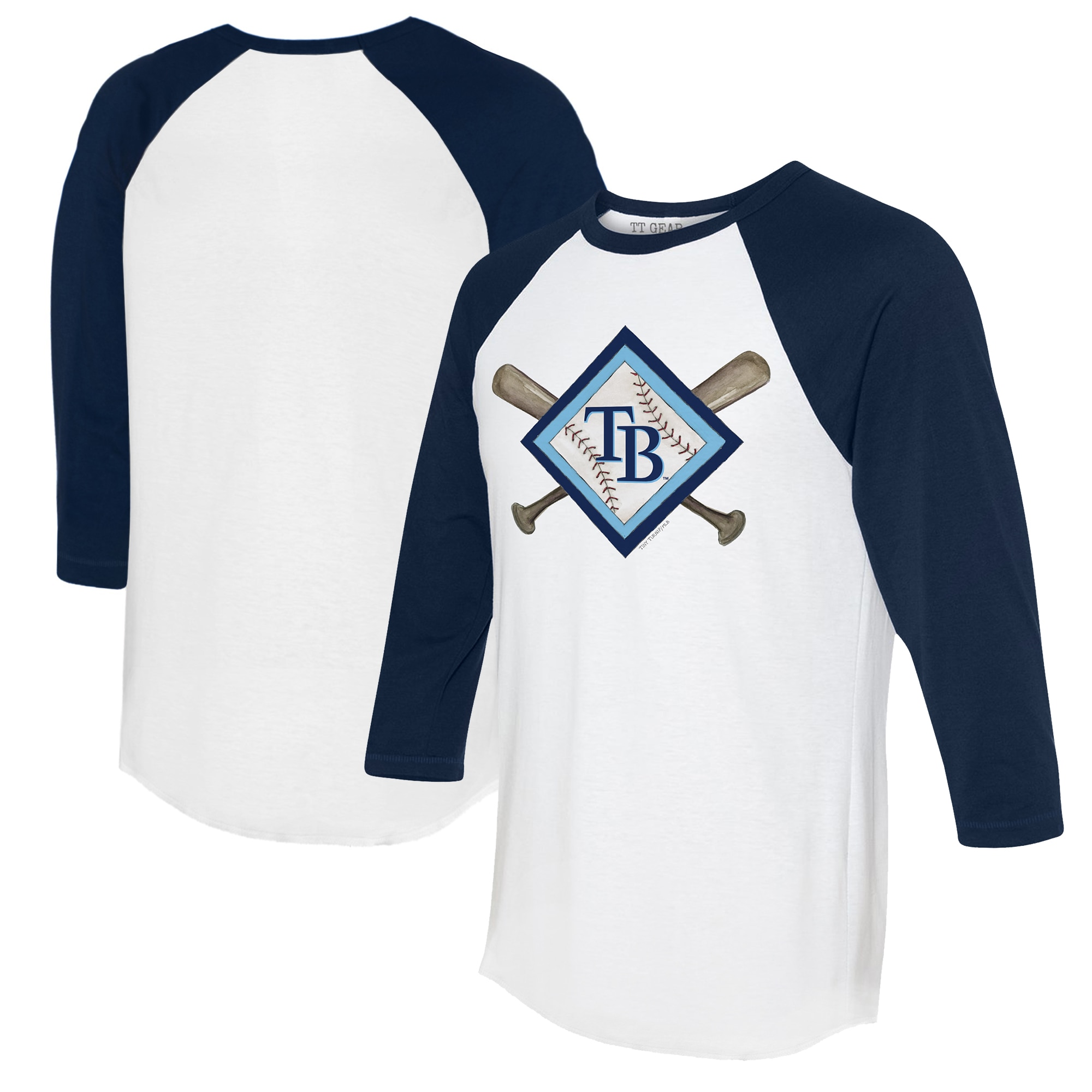 Women's Tampa Bay Rays  Tiny Turnip White/Navy Diamond Cross Bats 3/4-Sleeve Raglan T-Shirt