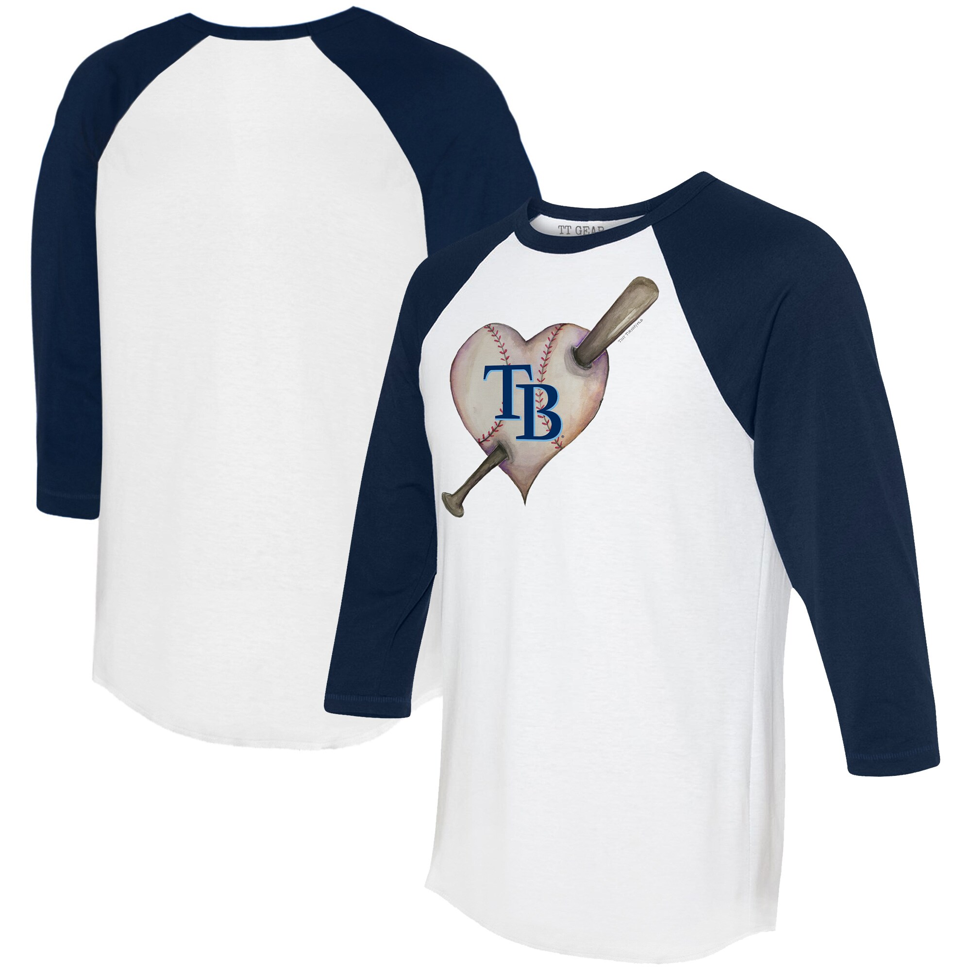 Women's Tampa Bay Rays Tiny Turnip White/Navy Heart Bat 3/4-Sleeve Raglan T-Shirt