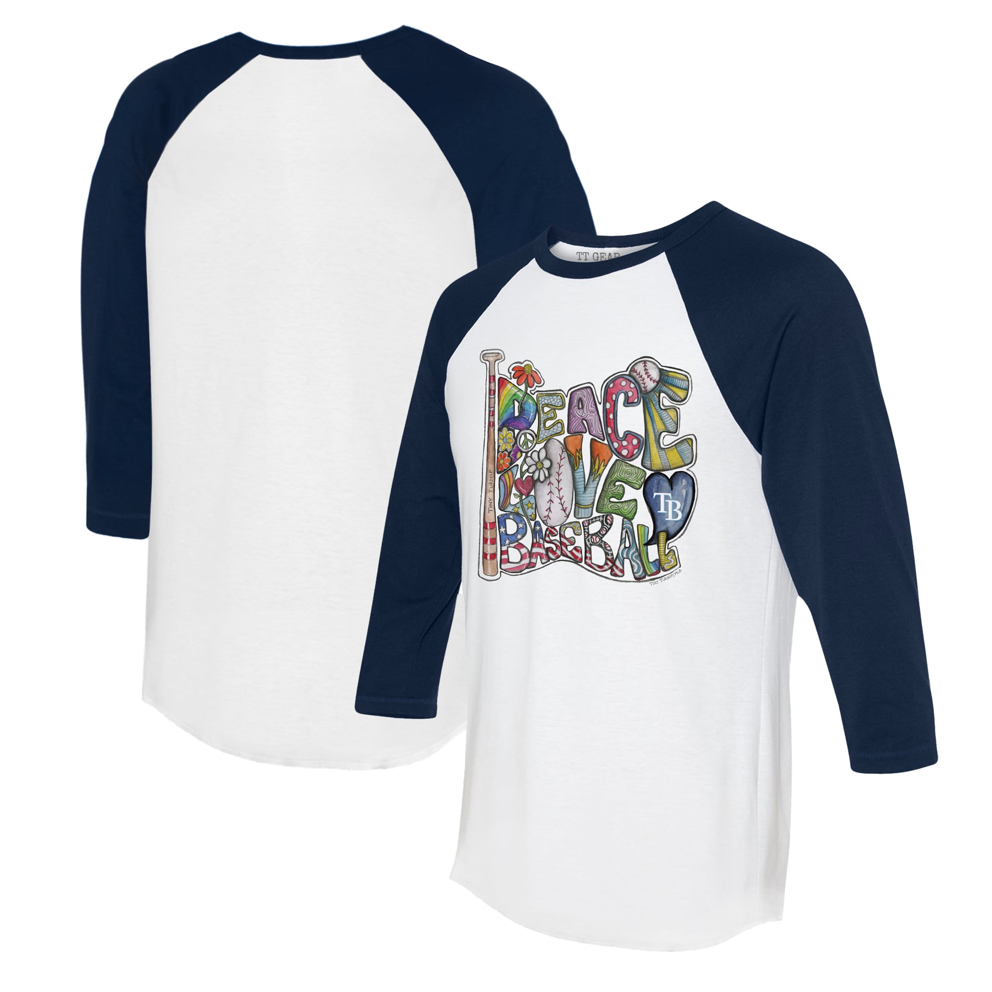 Women's Tampa Bay Rays Tiny Turnip White/Navy Peace Love Baseball 3/4-Sleeve Raglan T-Shirt
