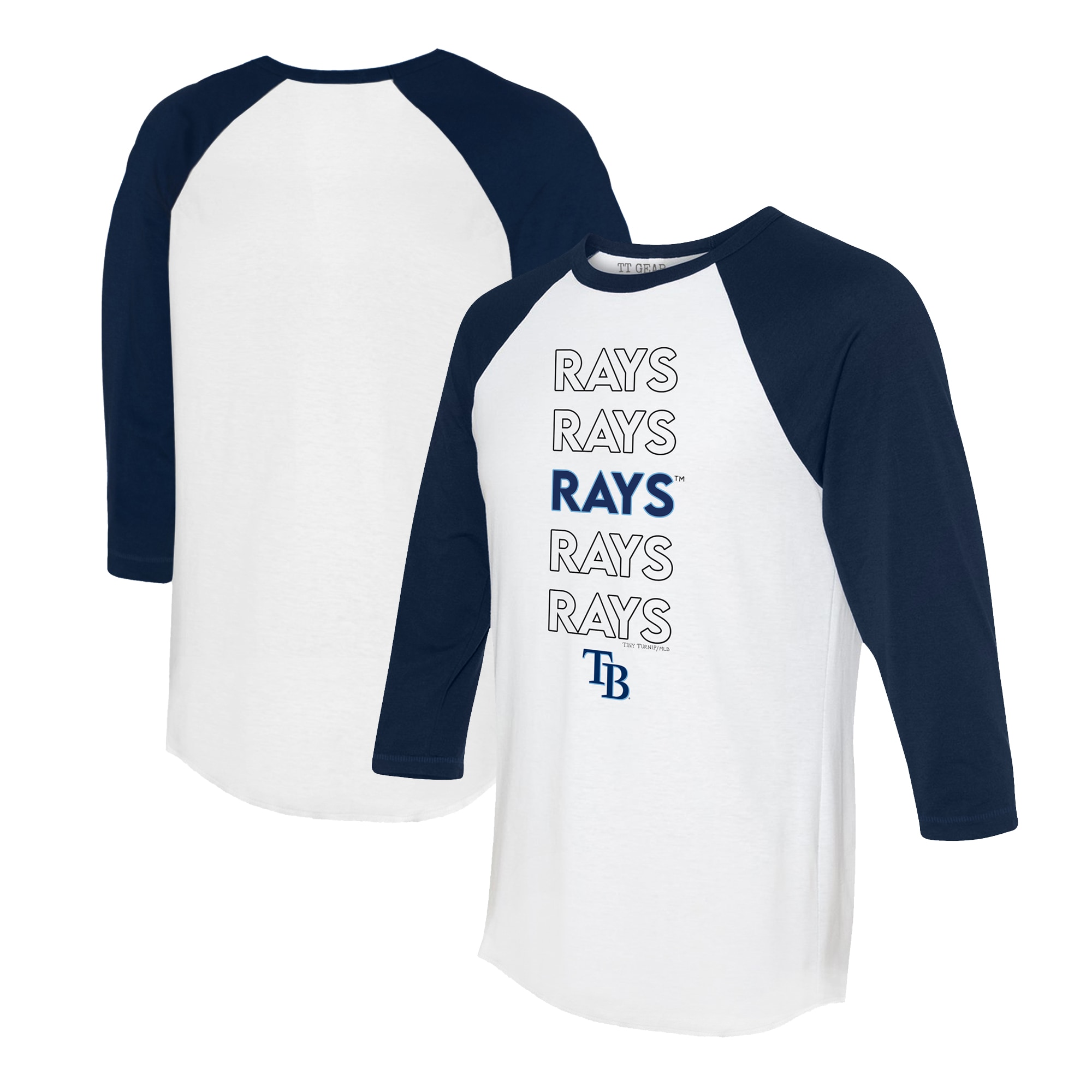 Women's Tampa Bay Rays Tiny Turnip White/Navy Stacked 3/4-Sleeve Raglan T-Shirt