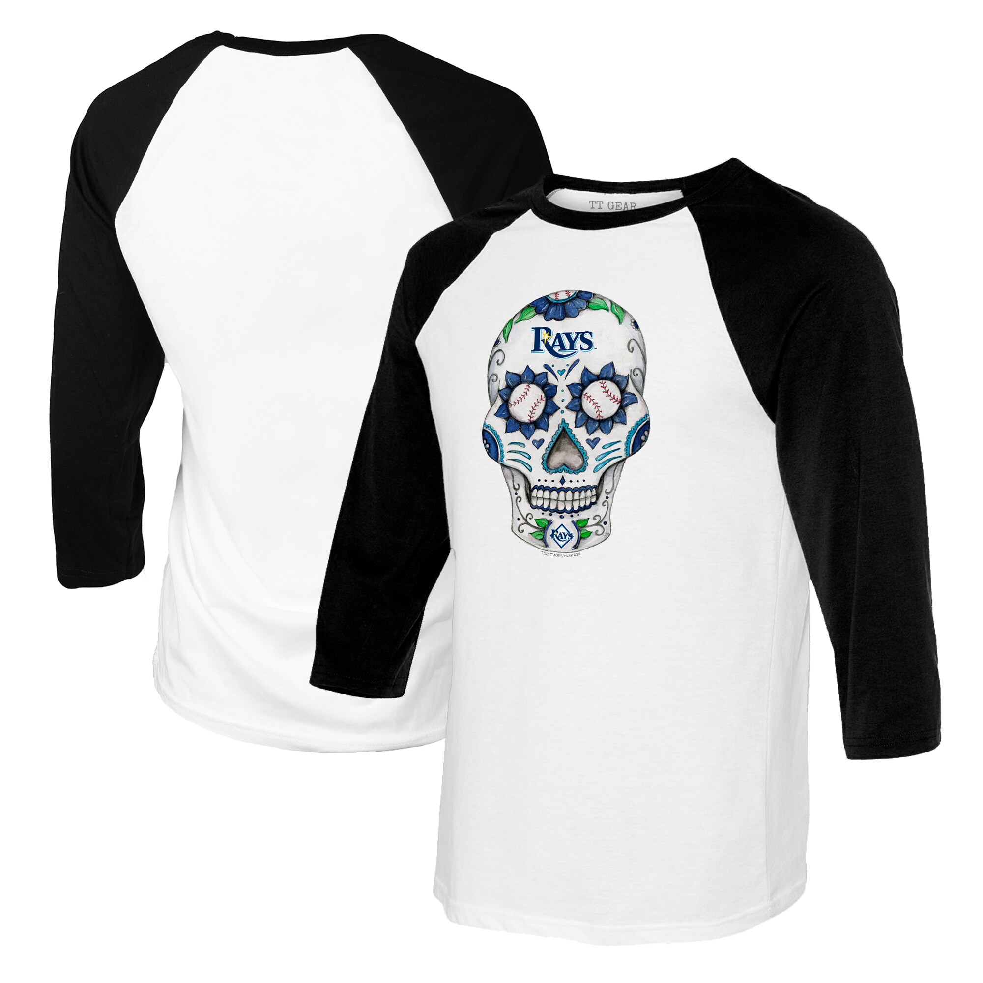 Women'sTampa Bay Rays Tiny Turnip White/Black Sugar Skull 3/4-Sleeve Raglan T-Shirt
