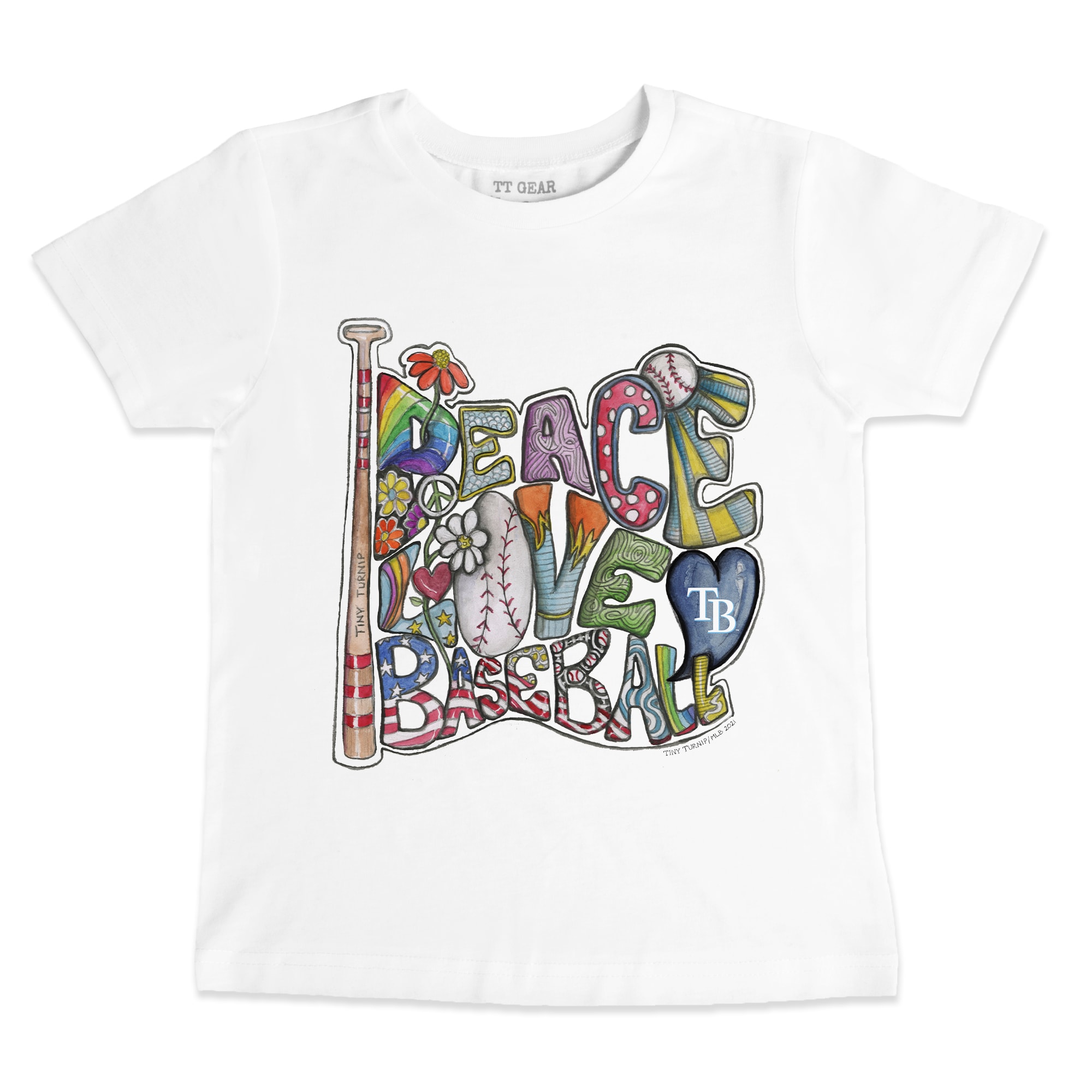 Youth Tampa Bay Rays Tiny Turnip White Peace Love Baseball T-Shirt