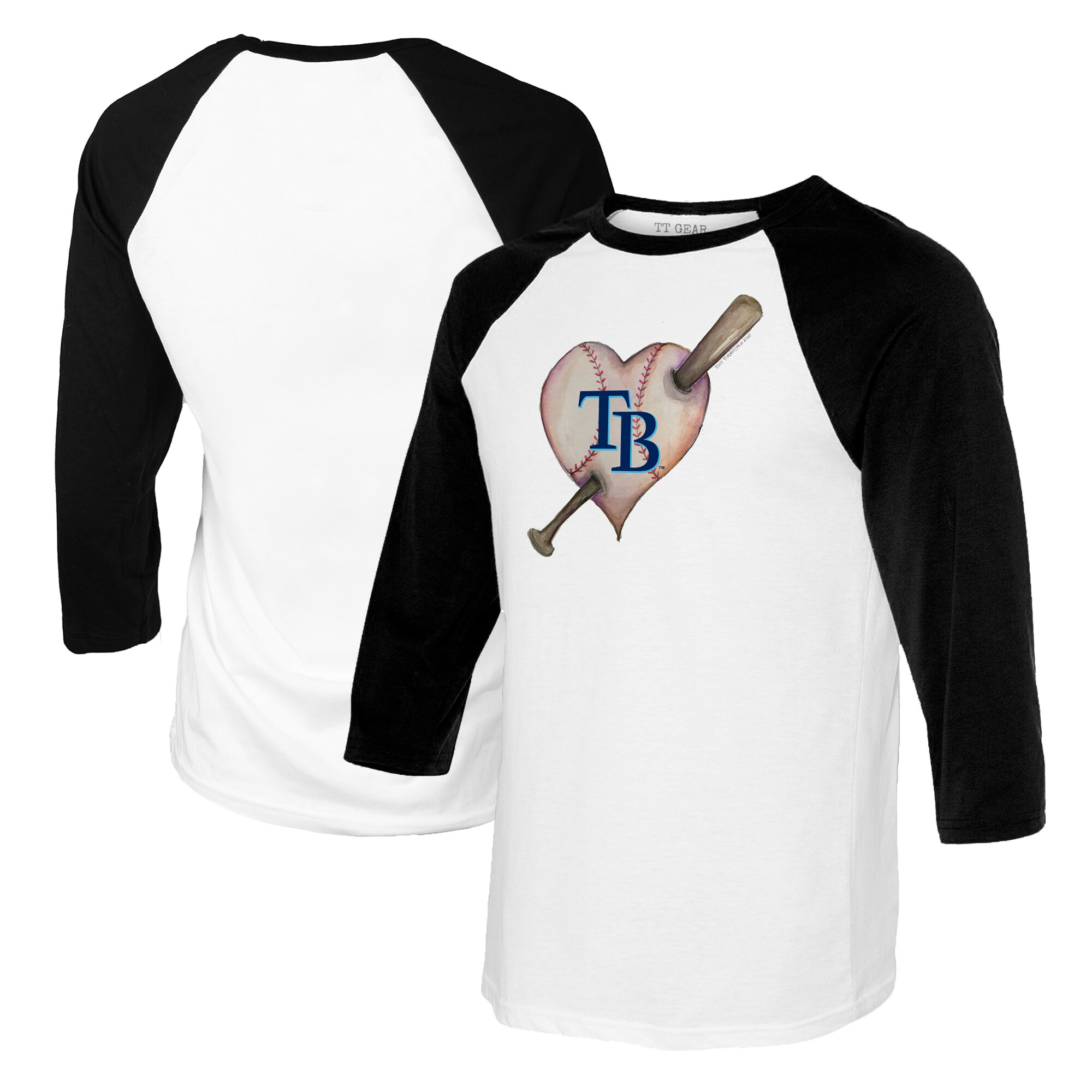 Youth Tampa Bay Rays Tiny Turnip White/Black Heart Bat Raglan 3/4 Sleeve T-Shirt