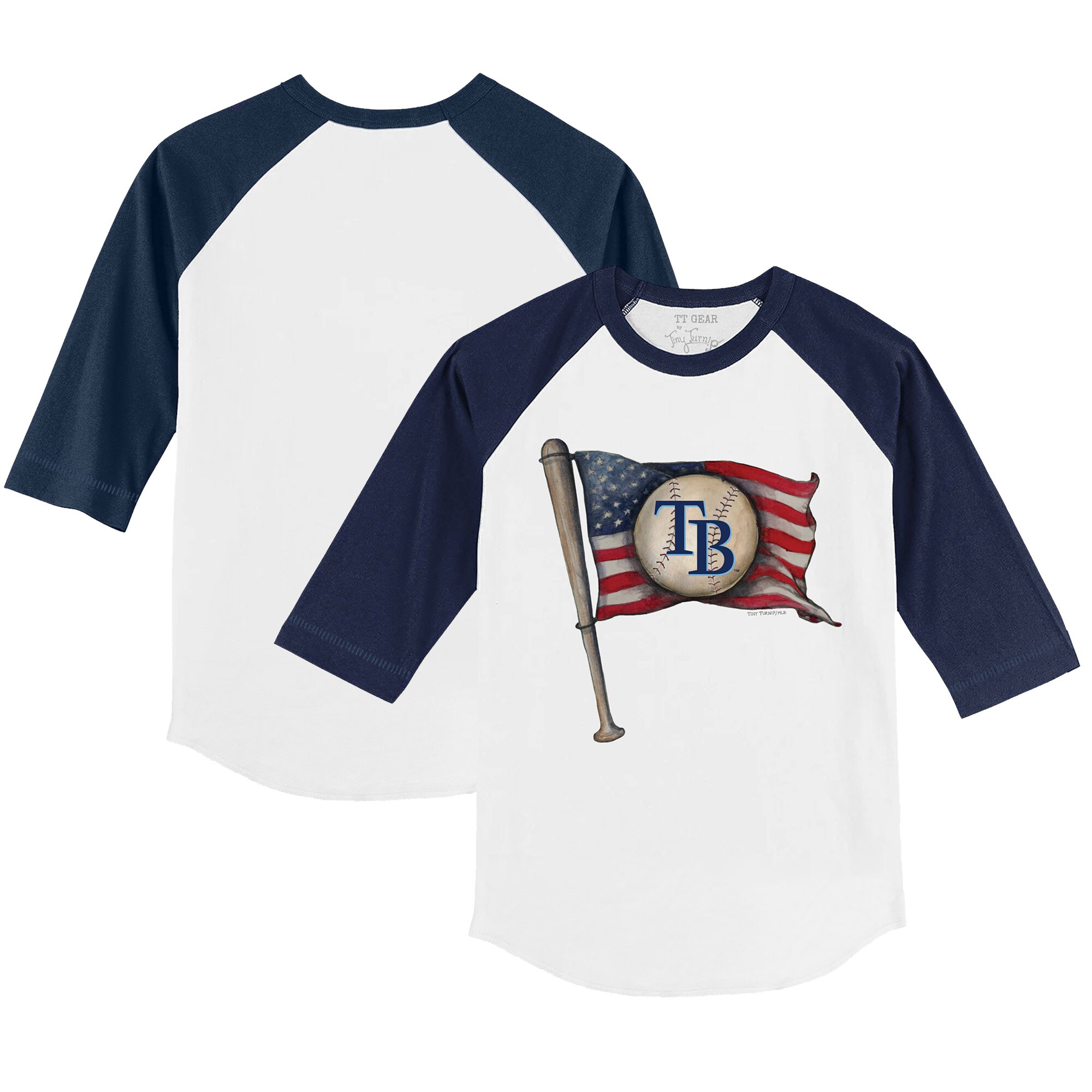 Youth Tampa Bay Rays Tiny Turnip White/Navy Baseball Flag 3/4-Sleeve Raglan T-Shirt