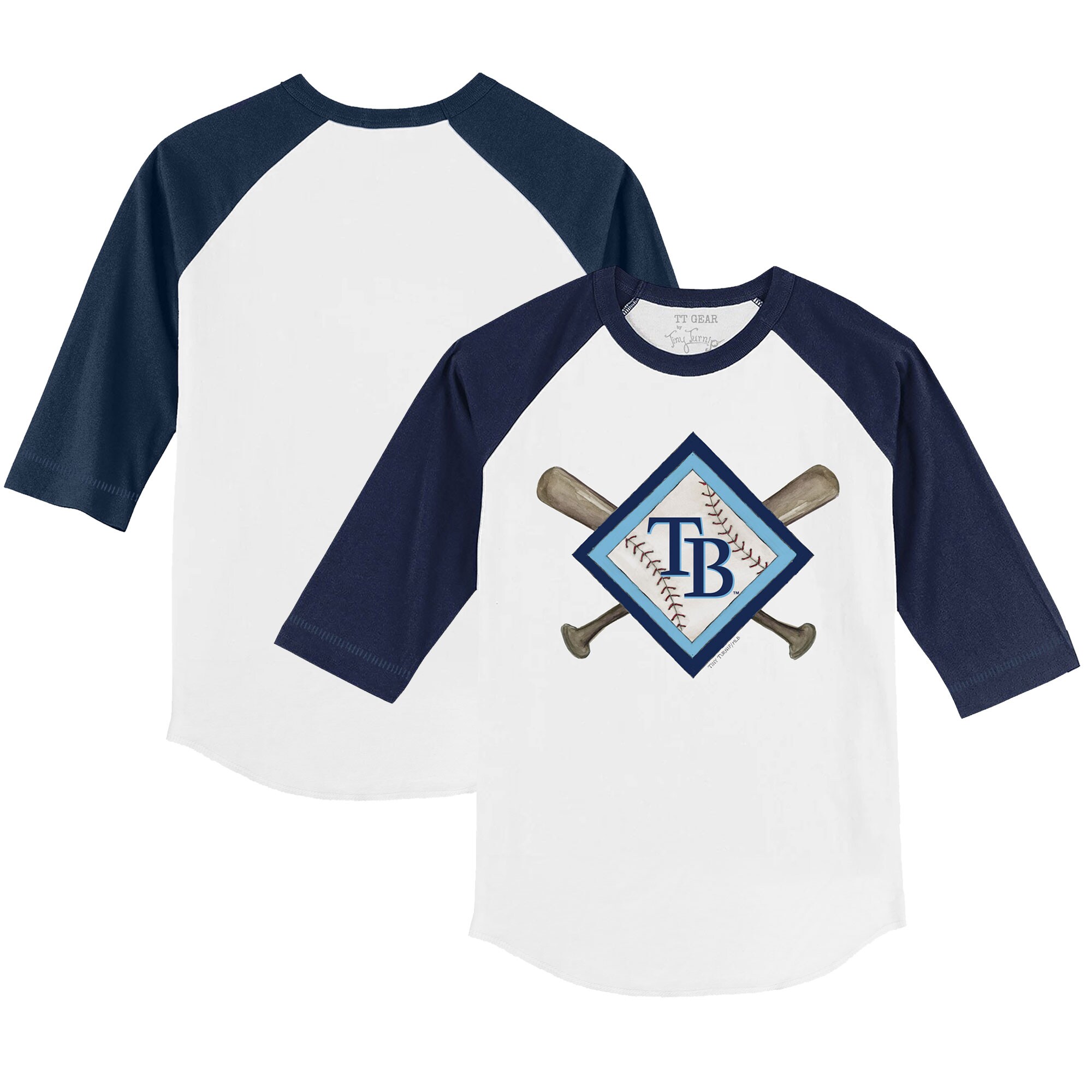 Youth Tampa Bay Rays Tiny Turnip White/Navy Diamond Cross Bats 3/4-Sleeve Raglan T-Shirt