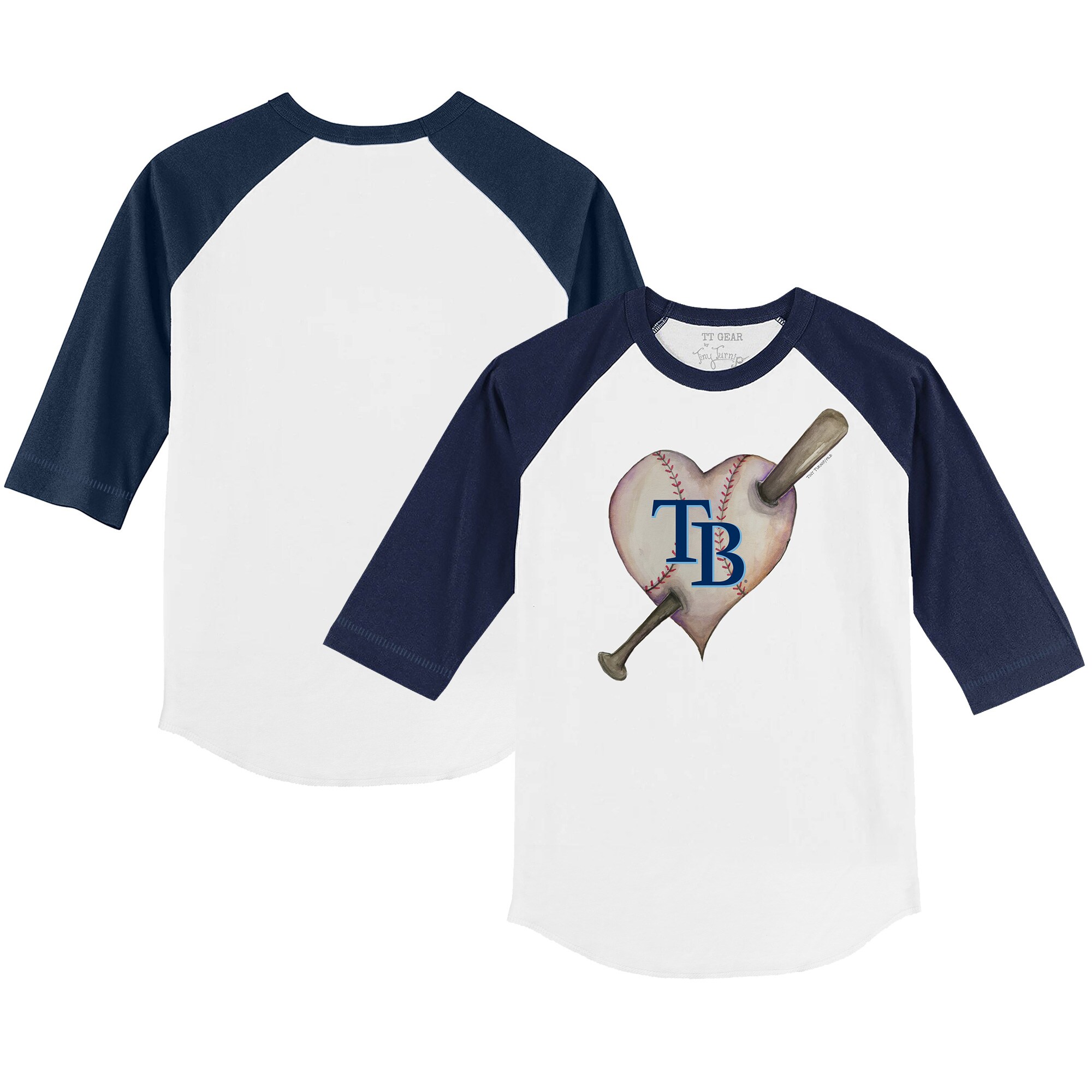 Youth Tampa Bay Rays Tiny Turnip White/Navy Heart Bat 3/4-Sleeve Raglan T-Shirt